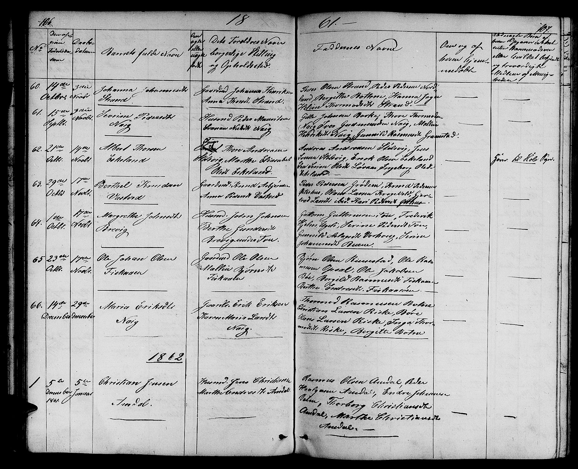 Strand sokneprestkontor, SAST/A-101828/H/Ha/Hab/L0003: Parish register (copy) no. B 3, 1855-1881, p. 106-107