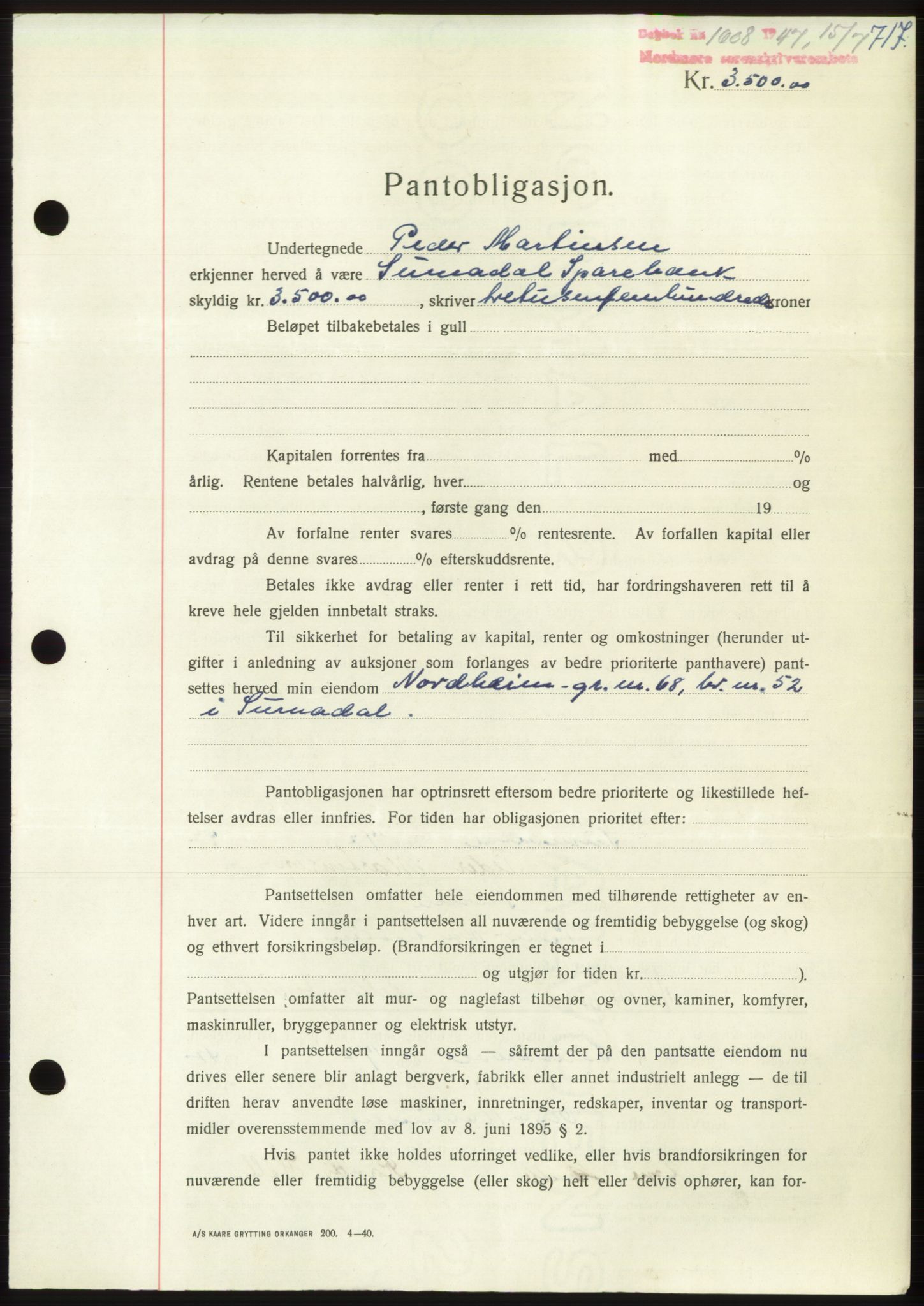 Nordmøre sorenskriveri, AV/SAT-A-4132/1/2/2Ca: Mortgage book no. B96, 1947-1947, Diary no: : 1608/1947