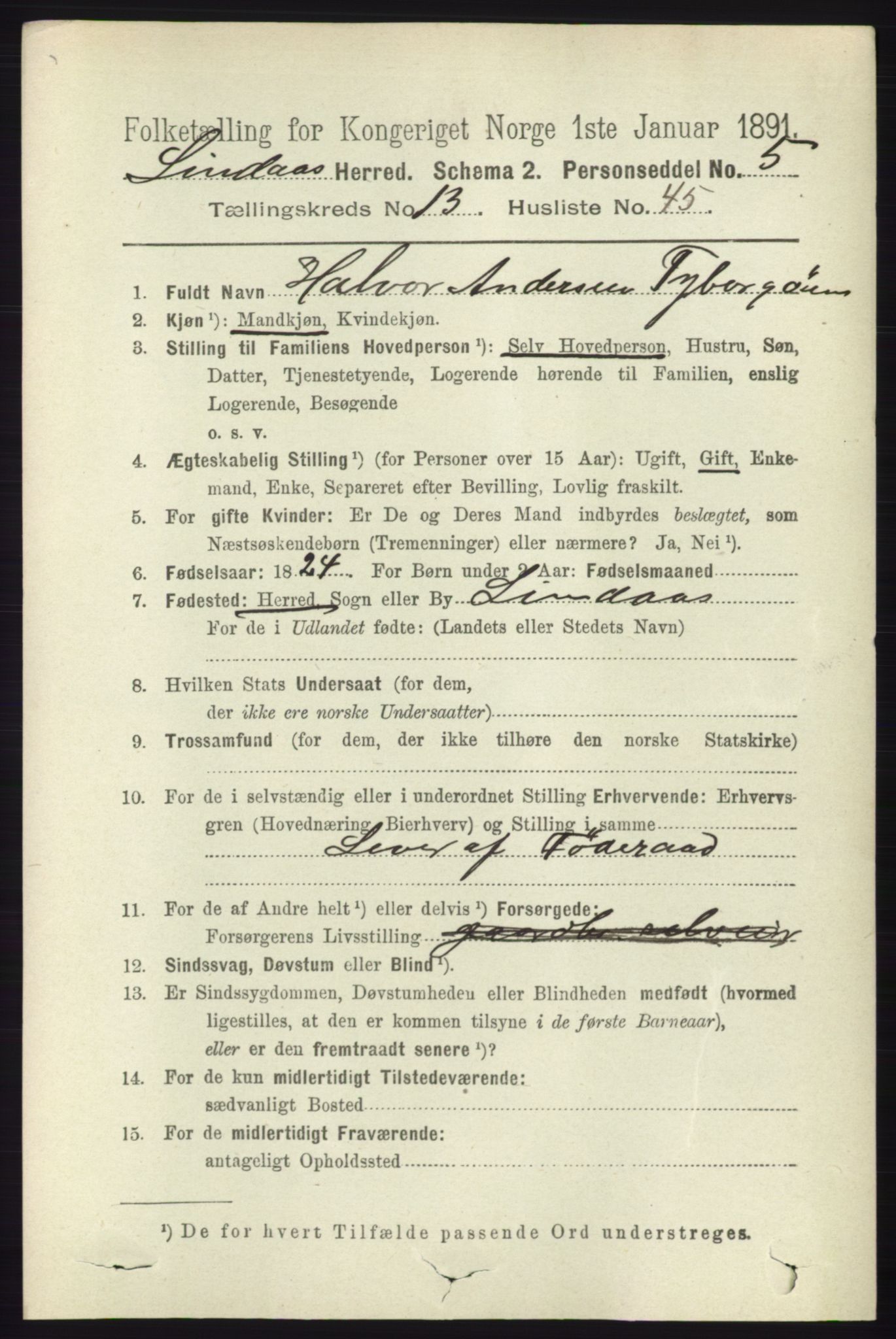 RA, 1891 census for 1263 Lindås, 1891, p. 4826