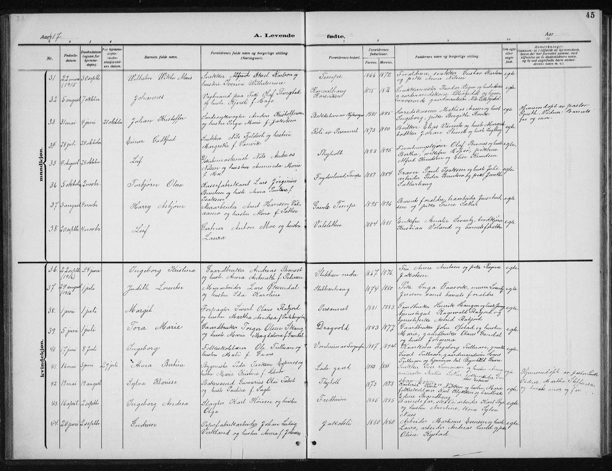 Ministerialprotokoller, klokkerbøker og fødselsregistre - Sør-Trøndelag, SAT/A-1456/606/L0314: Parish register (copy) no. 606C10, 1911-1937, p. 45