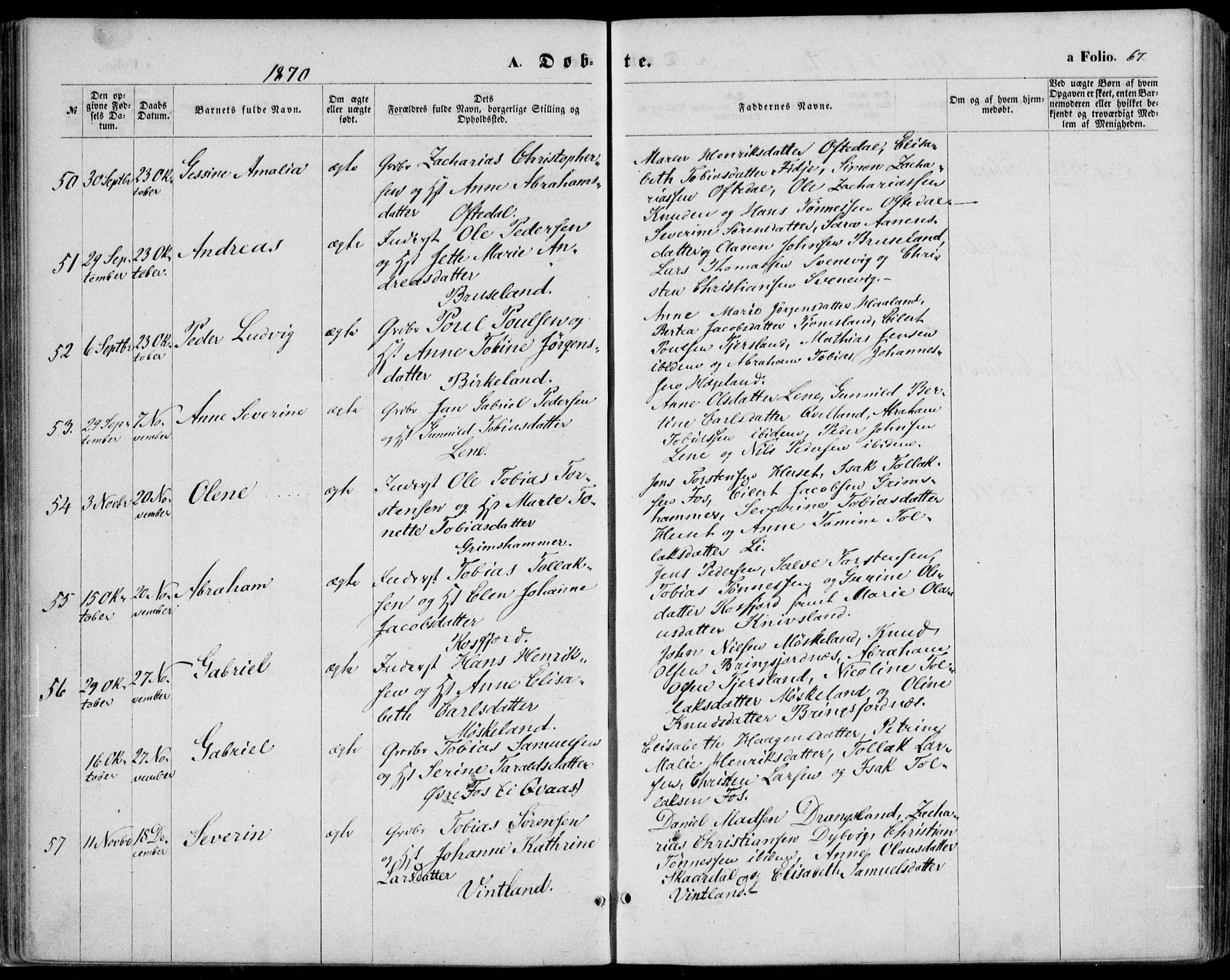 Lyngdal sokneprestkontor, SAK/1111-0029/F/Fa/Fac/L0010: Parish register (official) no. A 10, 1865-1878, p. 67