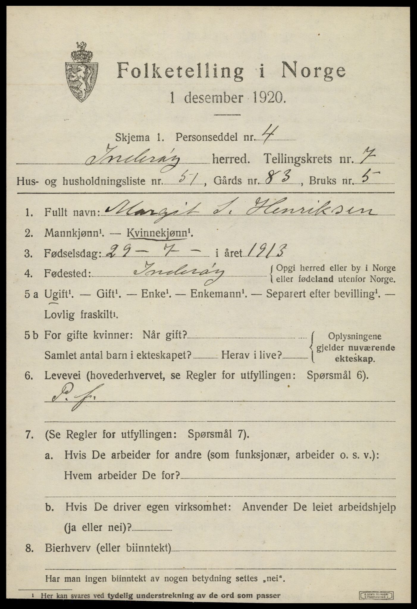 SAT, 1920 census for Inderøy, 1920, p. 5585
