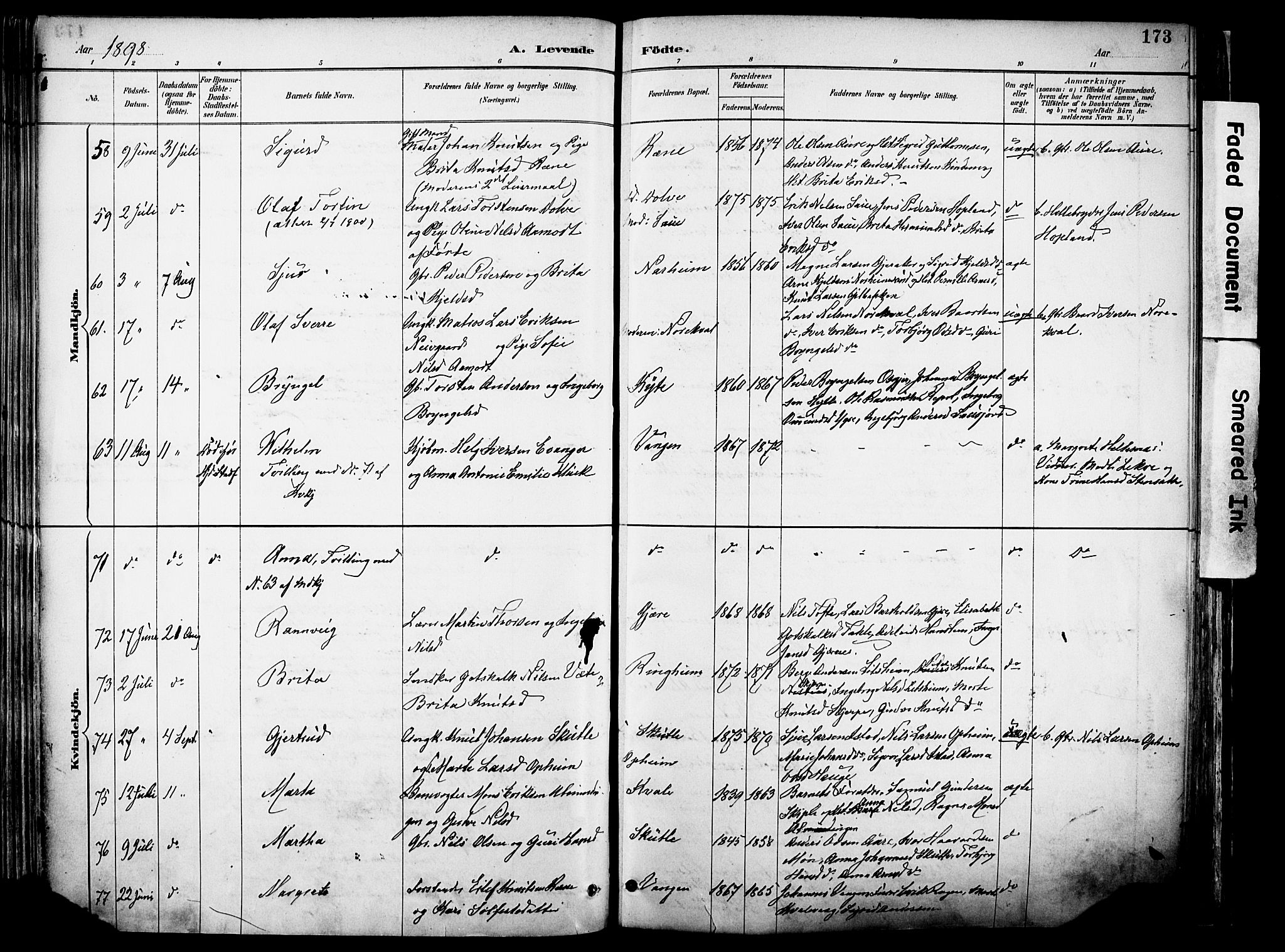 Voss sokneprestembete, AV/SAB-A-79001/H/Haa: Parish register (official) no. A 21, 1887-1903, p. 173