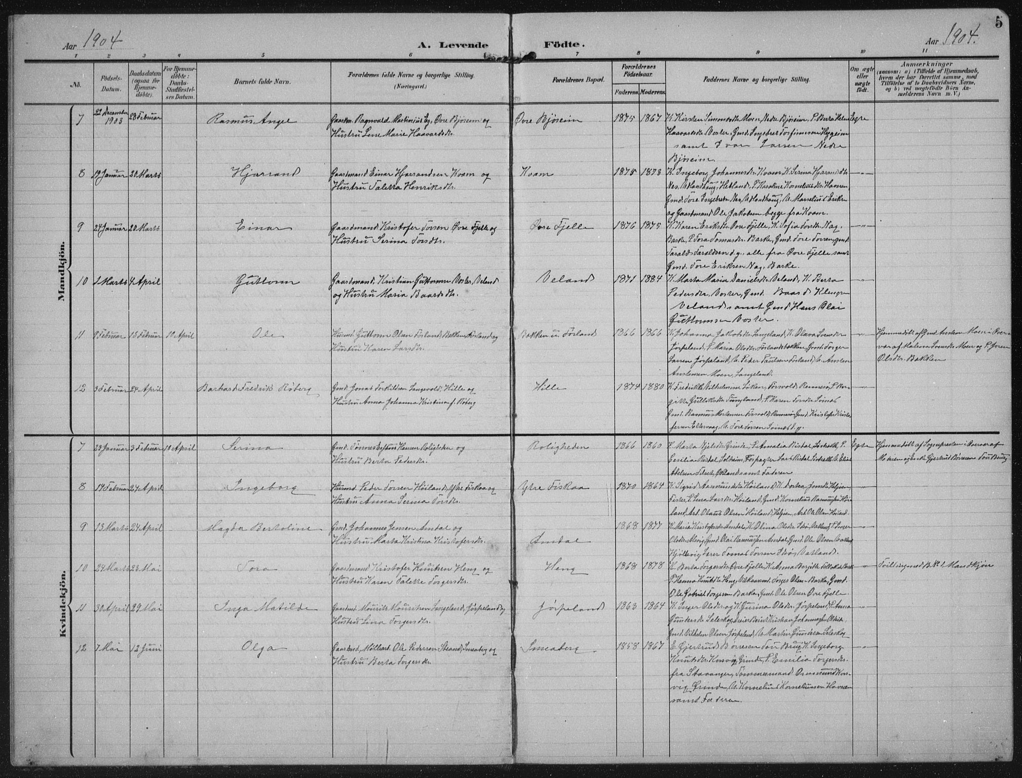 Strand sokneprestkontor, AV/SAST-A-101828/H/Ha/Hab/L0005: Parish register (copy) no. B 5, 1904-1934, p. 5