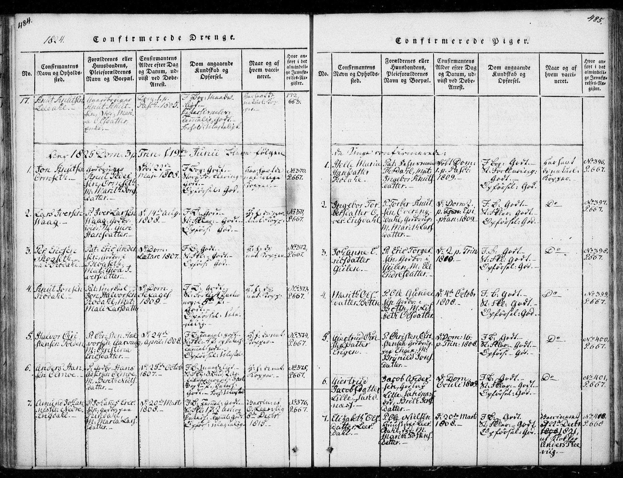 Ministerialprotokoller, klokkerbøker og fødselsregistre - Møre og Romsdal, AV/SAT-A-1454/578/L0903: Parish register (official) no. 578A02, 1819-1838, p. 484-485