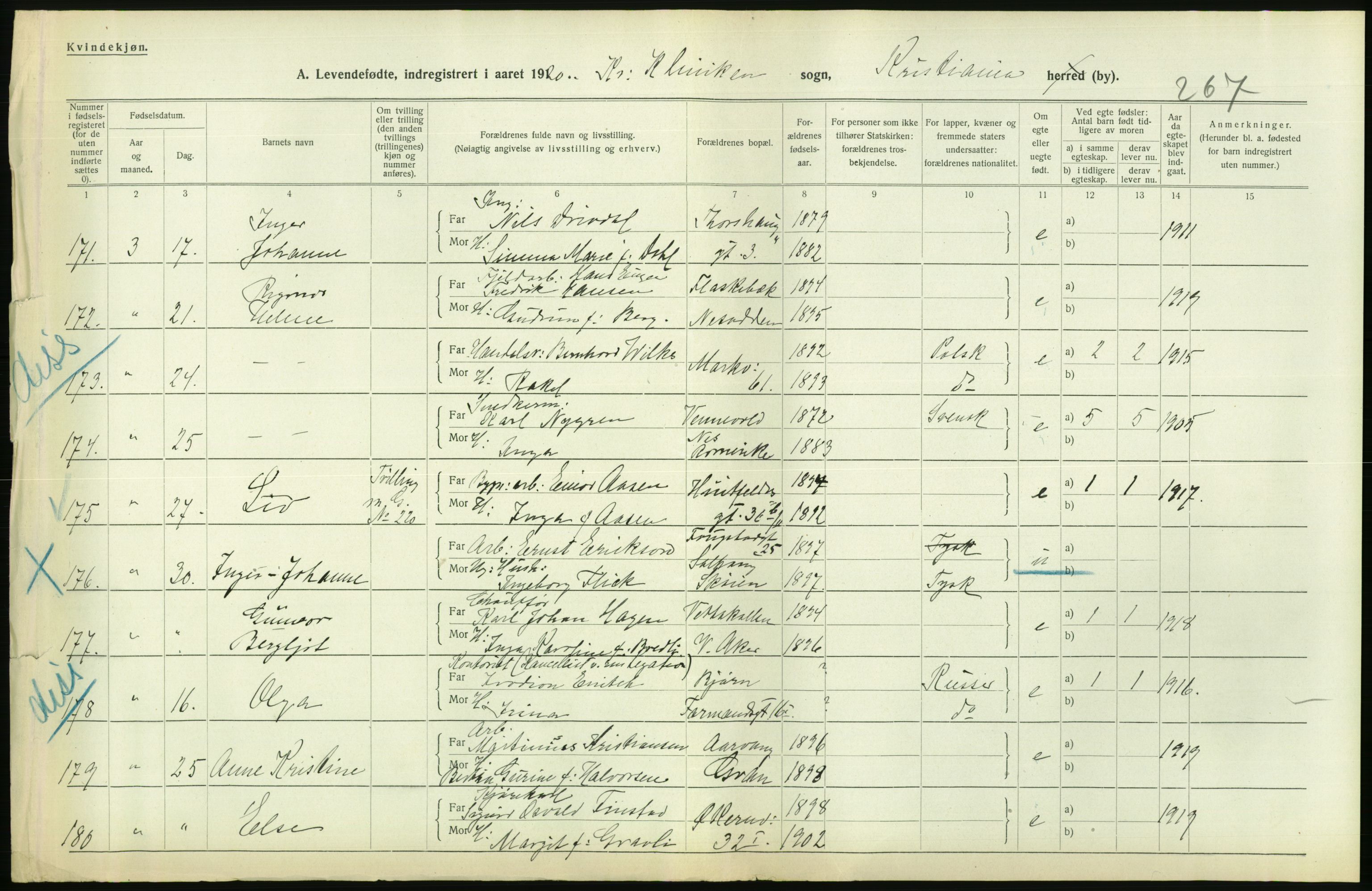 Statistisk sentralbyrå, Sosiodemografiske emner, Befolkning, AV/RA-S-2228/D/Df/Dfb/Dfbj/L0008: Kristiania: Levendefødte menn og kvinner., 1920, p. 564