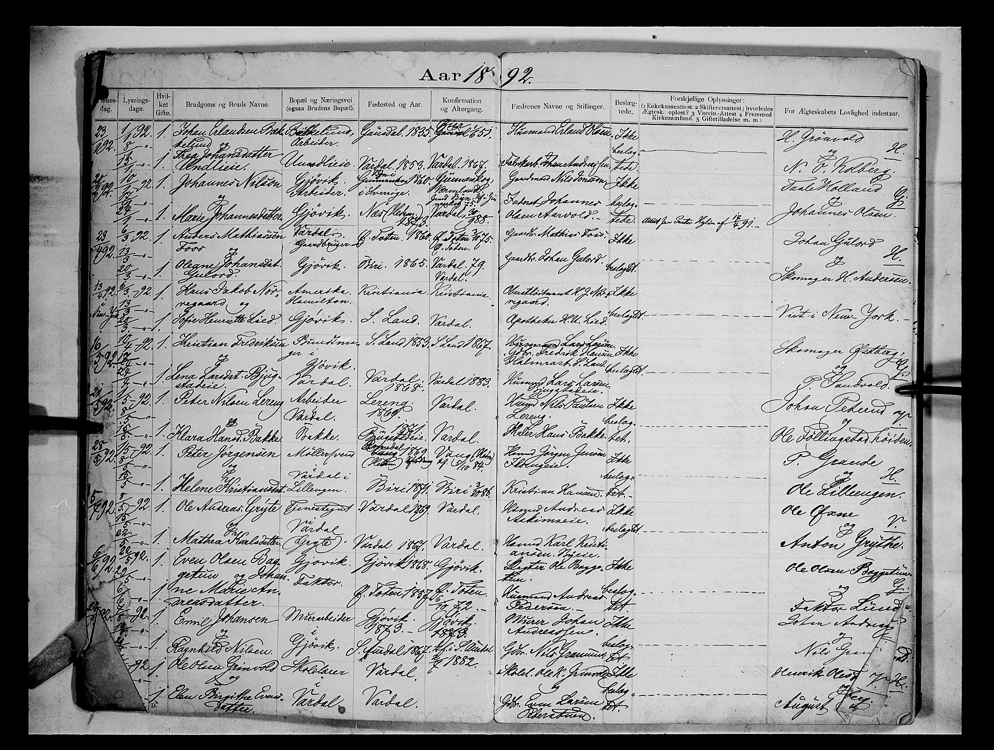 Vardal prestekontor, AV/SAH-PREST-100/H/Ha/Hab/L0004: Banns register no. 4, 1892-1907