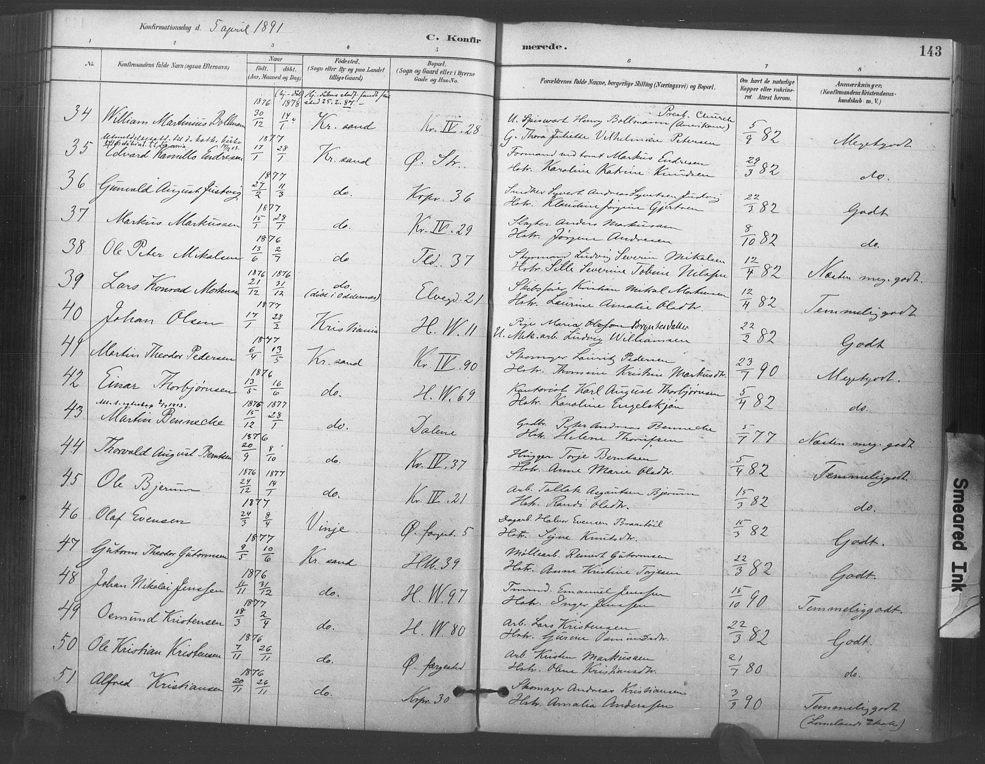 Kristiansand domprosti, SAK/1112-0006/F/Fa/L0018: Parish register (official) no. A 17, 1880-1892, p. 143