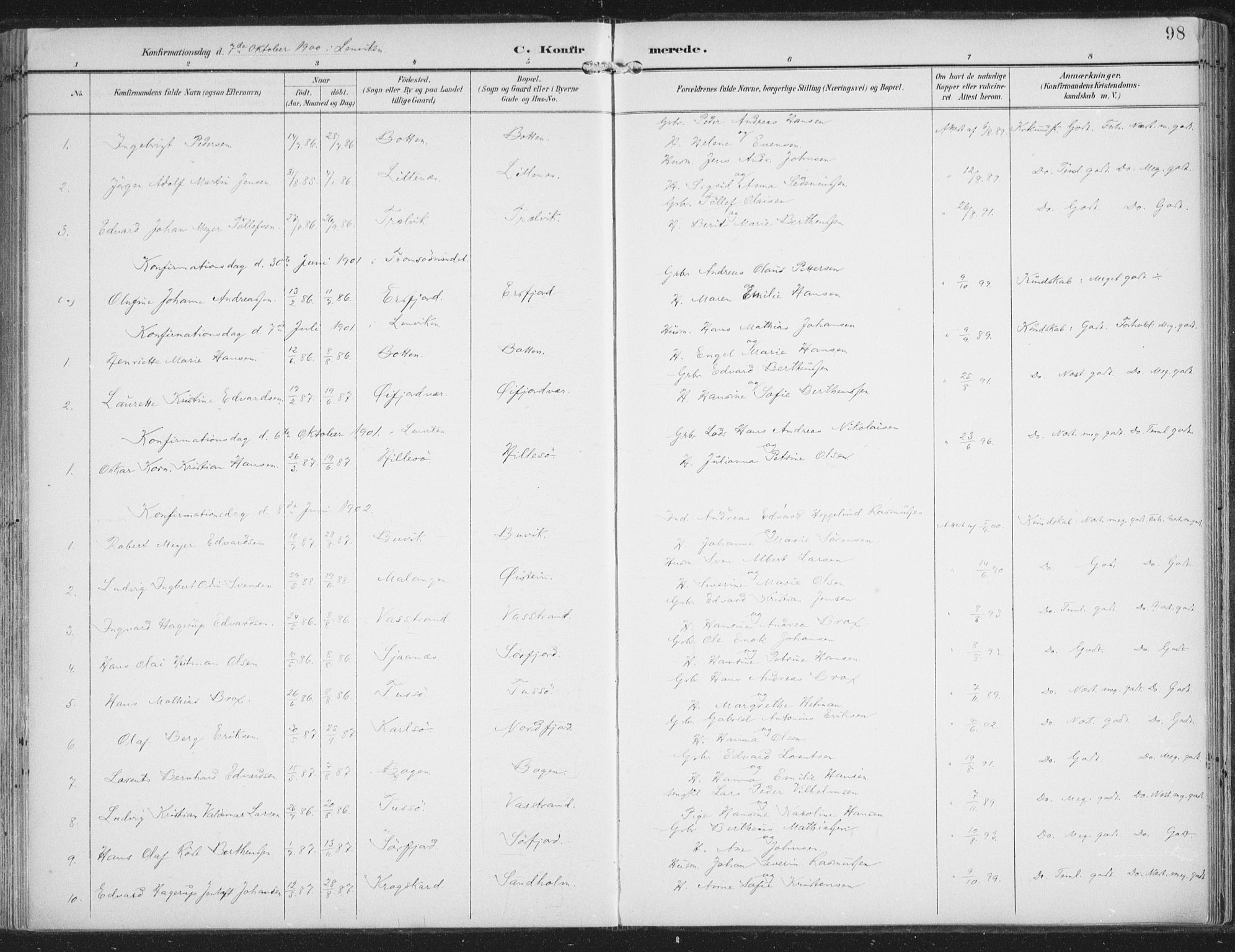 Lenvik sokneprestembete, SATØ/S-1310/H/Ha/Haa/L0015kirke: Parish register (official) no. 15, 1896-1915, p. 98