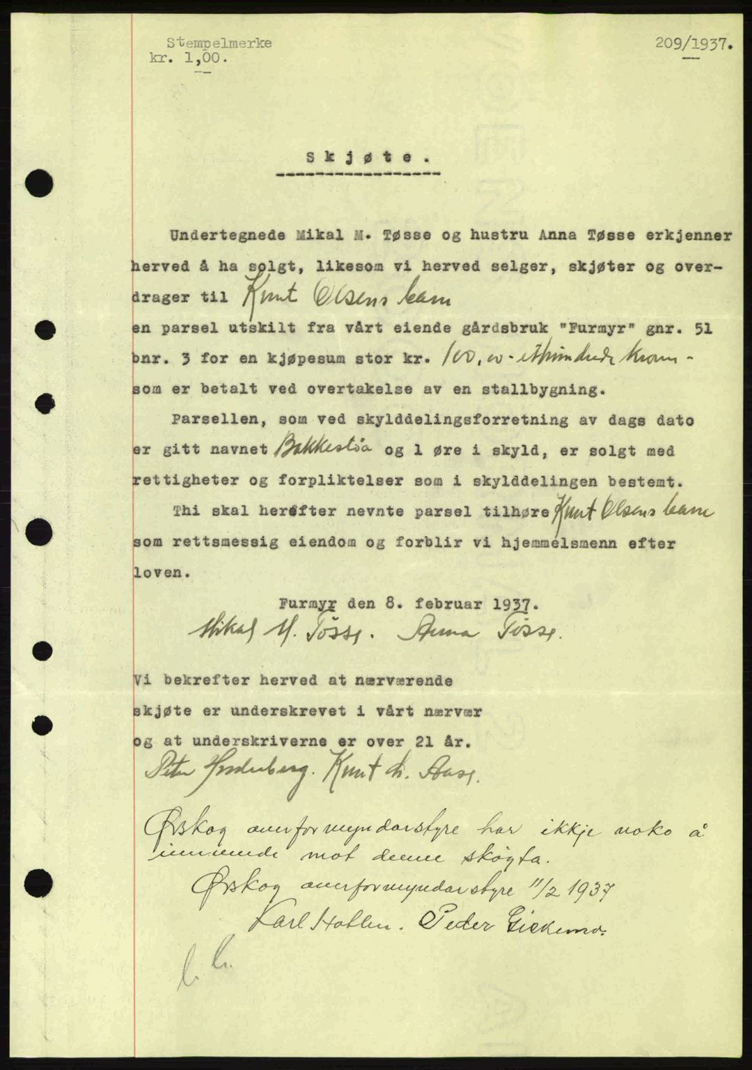 Nordre Sunnmøre sorenskriveri, AV/SAT-A-0006/1/2/2C/2Ca: Mortgage book no. A2, 1936-1937, Diary no: : 209/1937