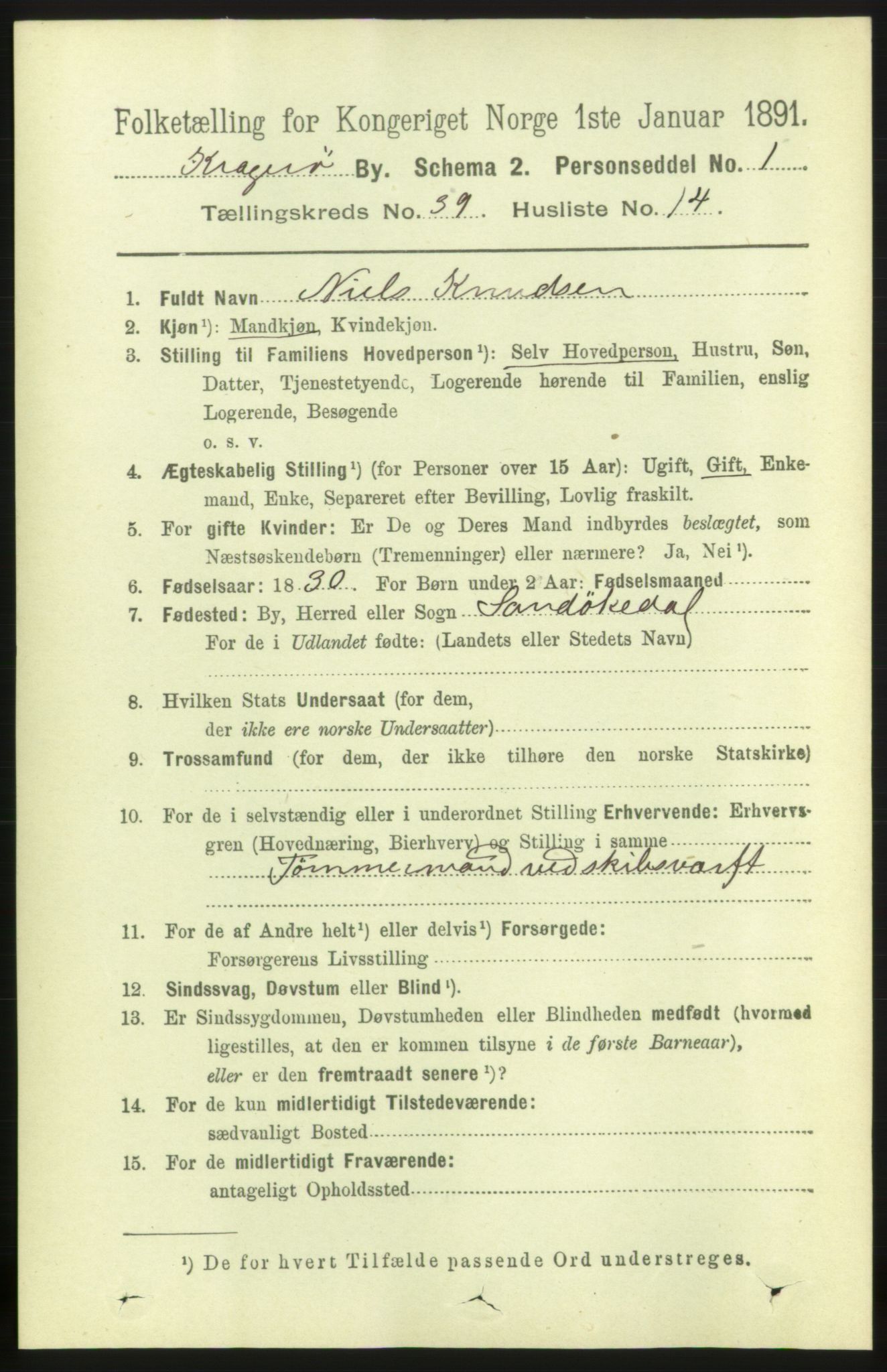 RA, 1891 census for 0801 Kragerø, 1891, p. 7394