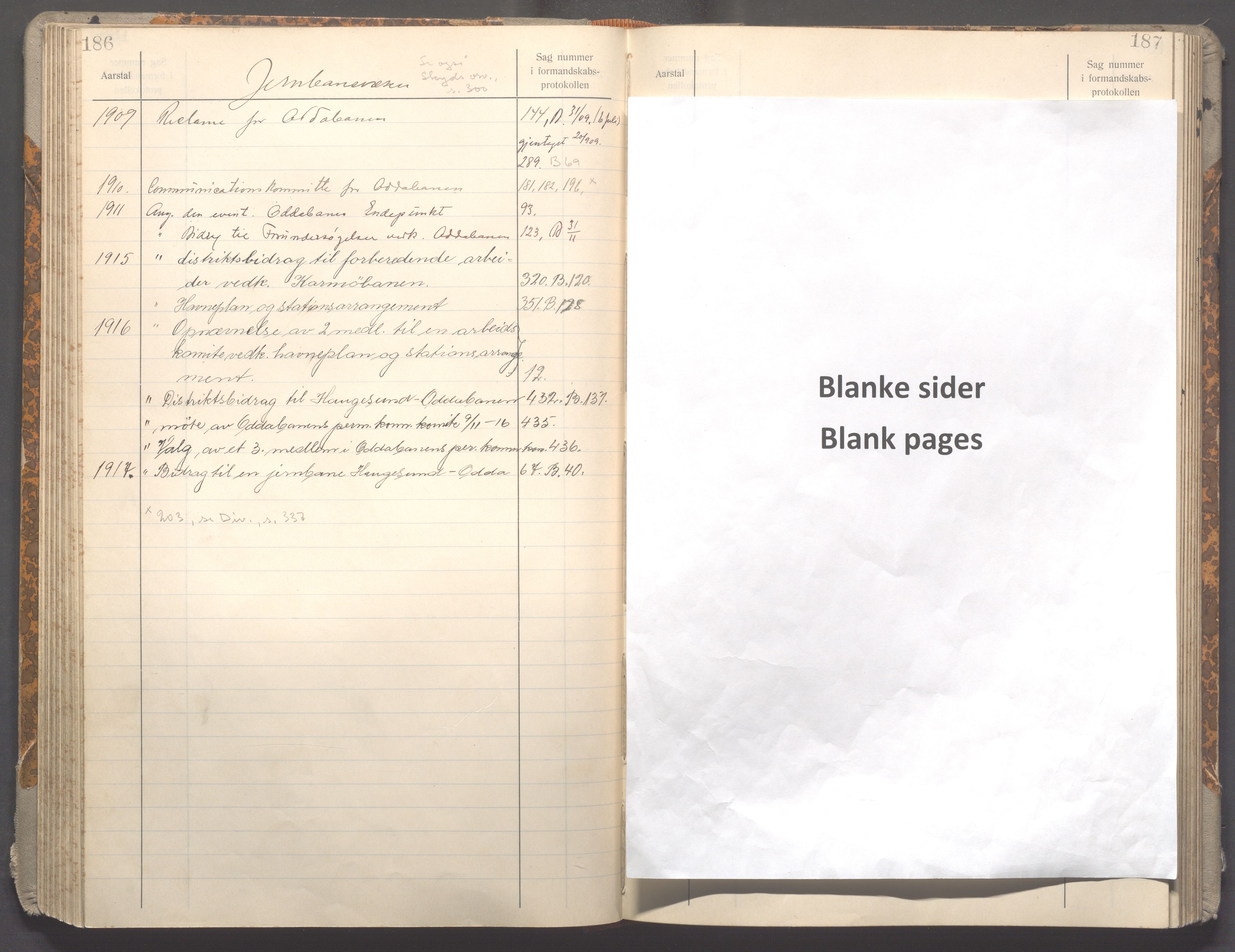 Haugesund kommune - Formannskapet og Bystyret , IKAR/A-1295/C/Ca/L0002: Register, 1908-1917, p. 186-187