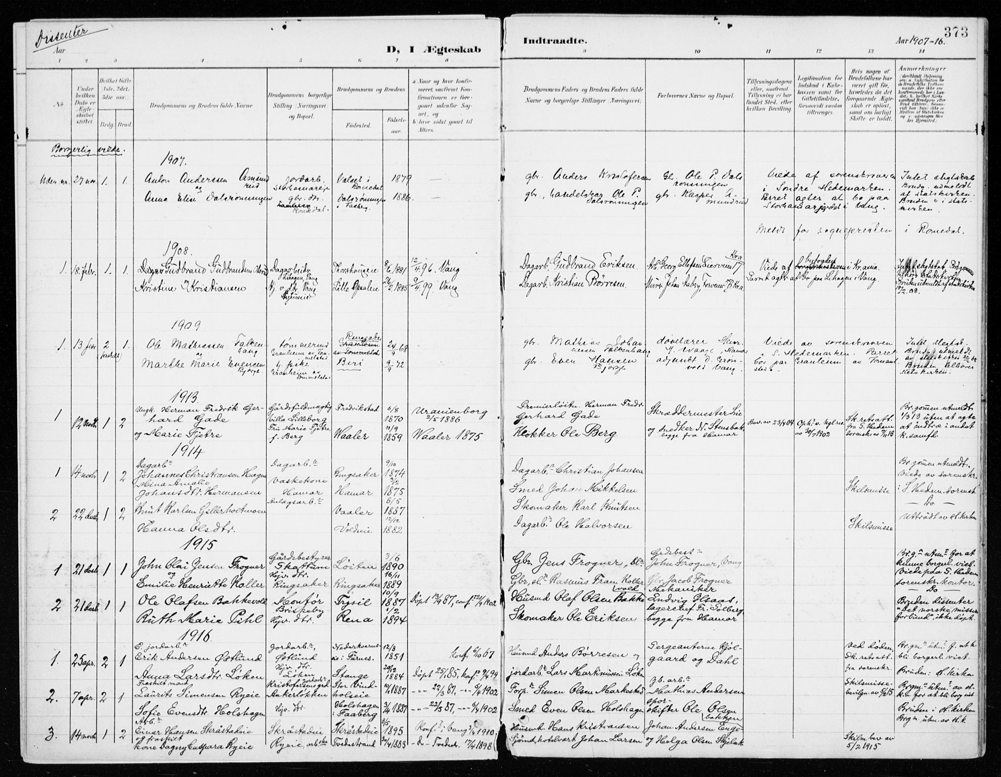 Vang prestekontor, Hedmark, SAH/PREST-008/H/Ha/Haa/L0021: Parish register (official) no. 21, 1902-1917, p. 373