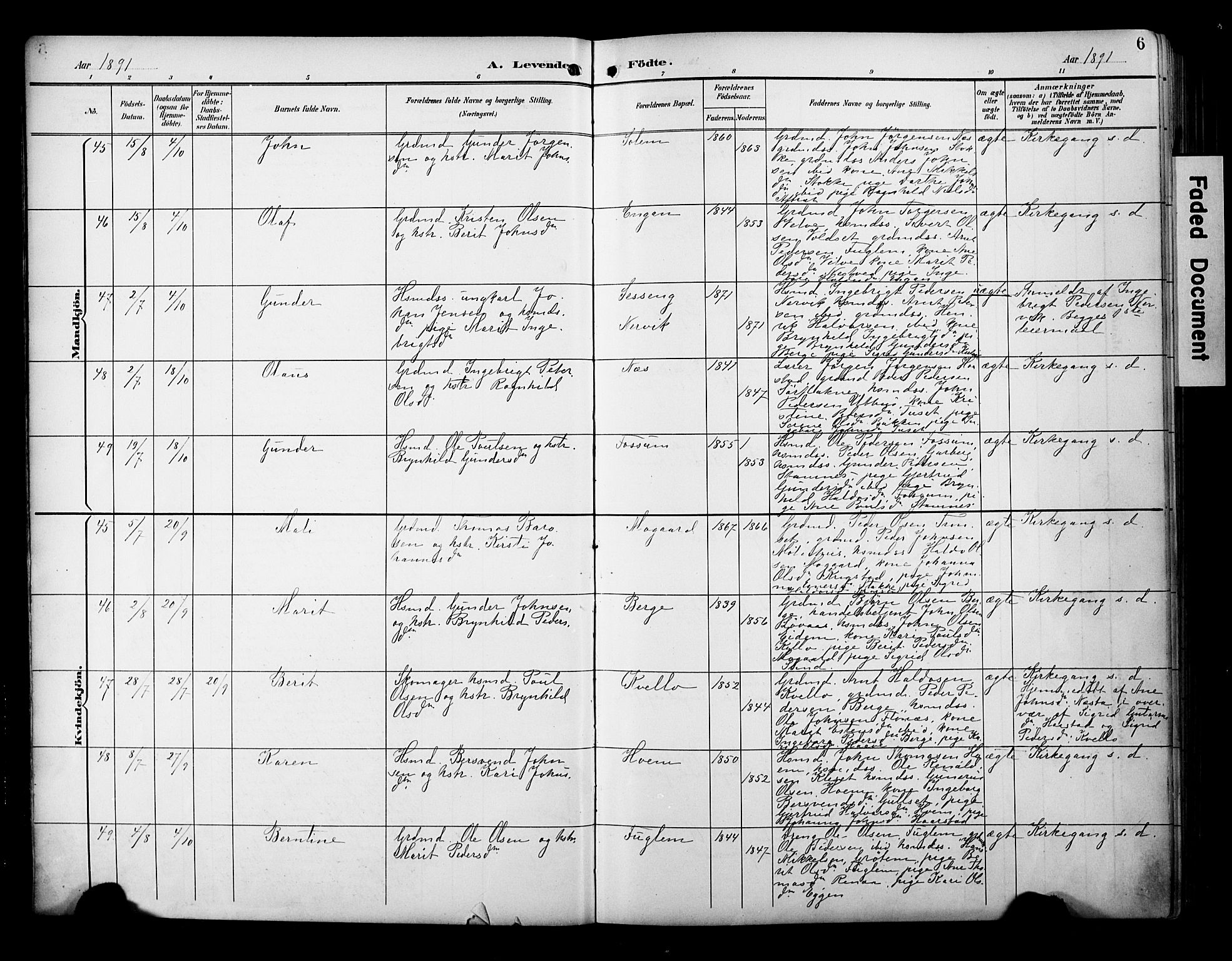 Ministerialprotokoller, klokkerbøker og fødselsregistre - Sør-Trøndelag, SAT/A-1456/695/L1149: Parish register (official) no. 695A09, 1891-1902, p. 6