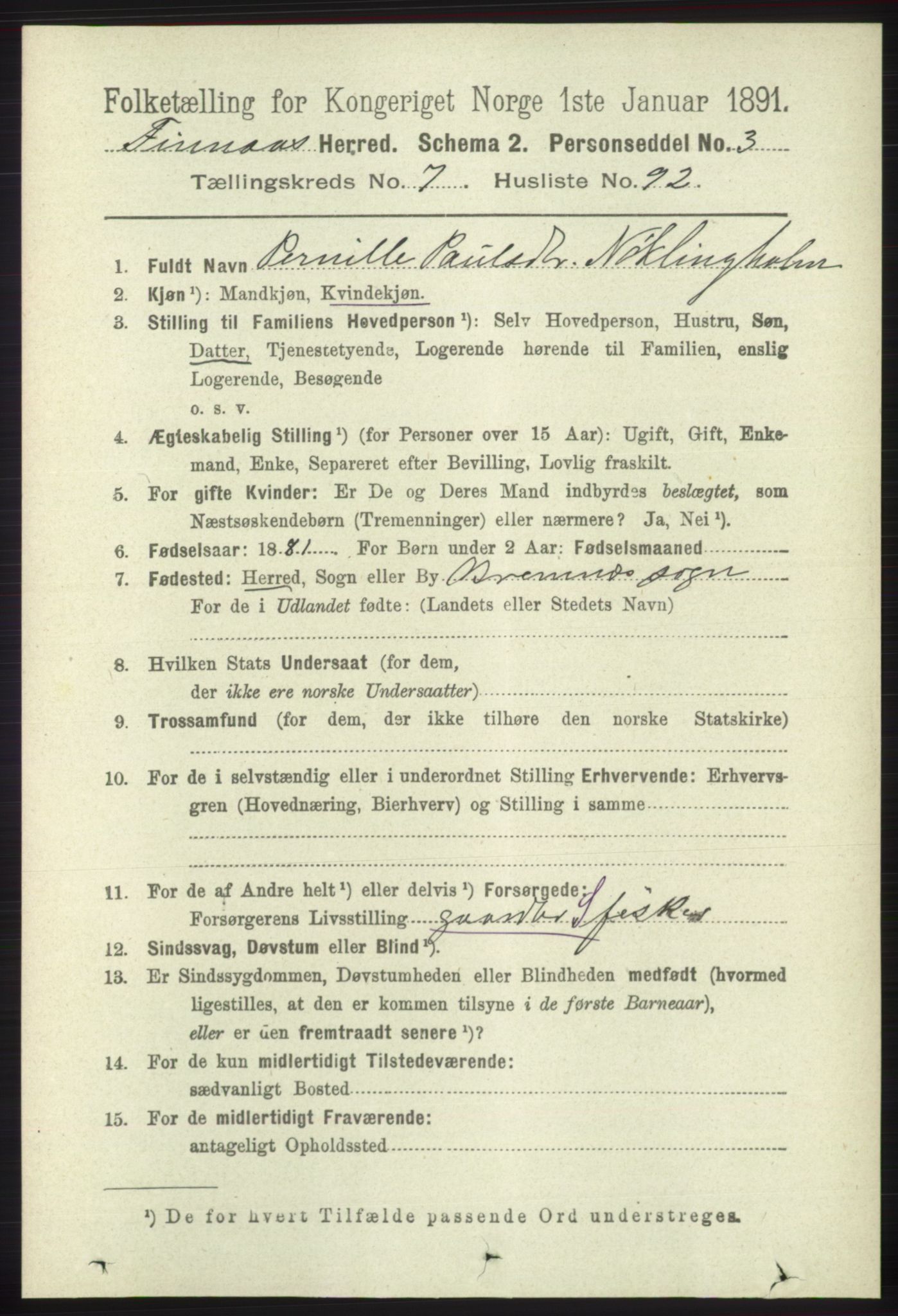 RA, 1891 census for 1218 Finnås, 1891, p. 3286