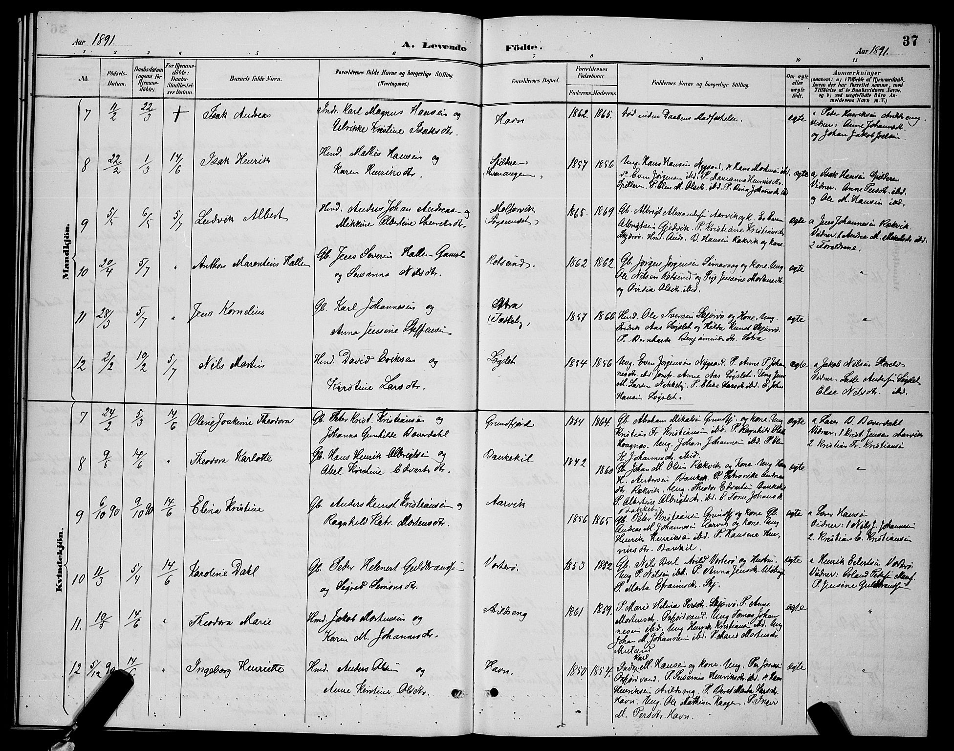 Skjervøy sokneprestkontor, AV/SATØ-S-1300/H/Ha/Hab/L0007klokker: Parish register (copy) no. 7, 1889-1899, p. 37