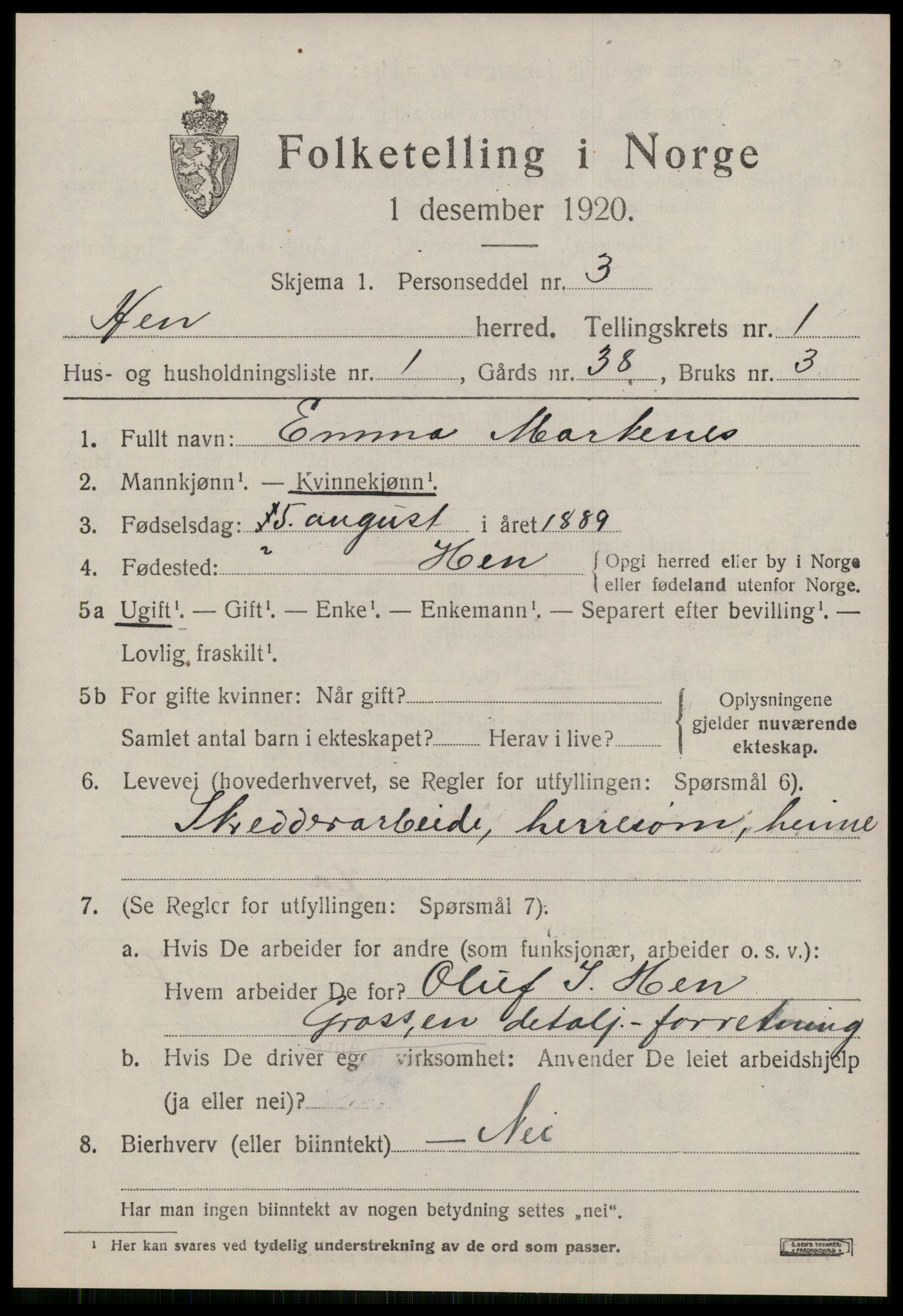 SAT, 1920 census for Hen, 1920, p. 470