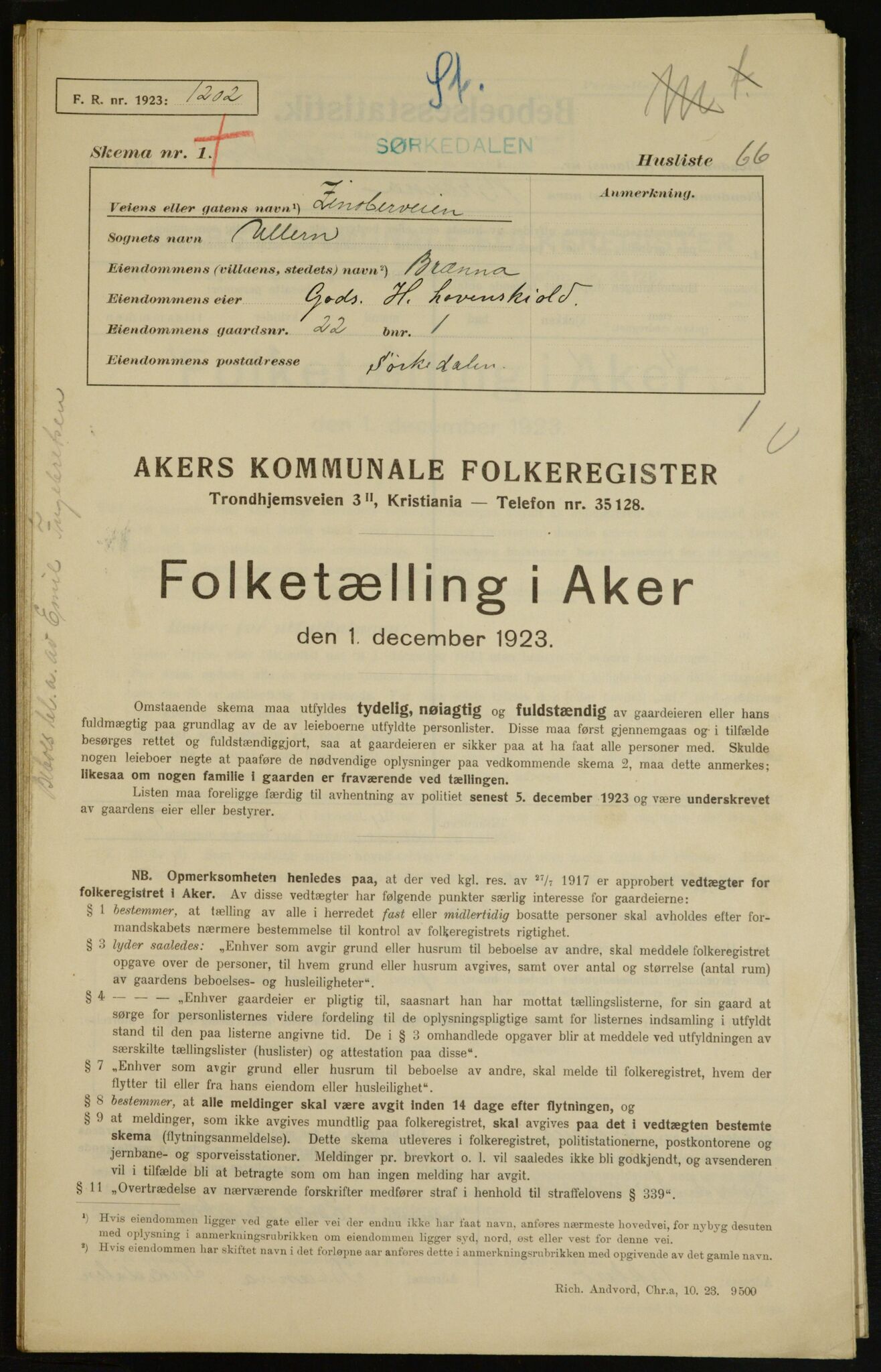 , Municipal Census 1923 for Aker, 1923, p. 7252