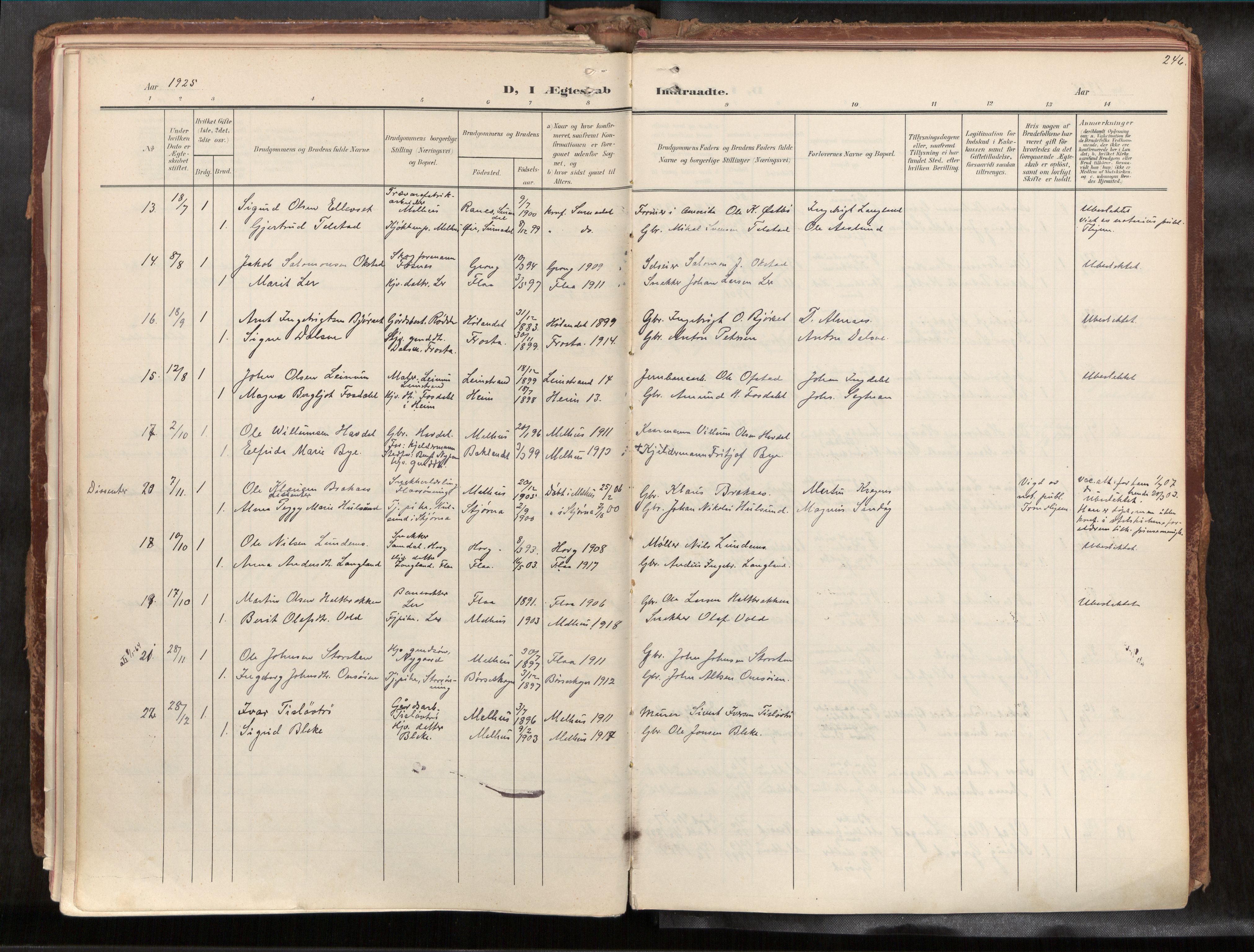 Ministerialprotokoller, klokkerbøker og fødselsregistre - Sør-Trøndelag, SAT/A-1456/691/L1085b: Parish register (official) no. 691A18, 1908-1930, p. 246