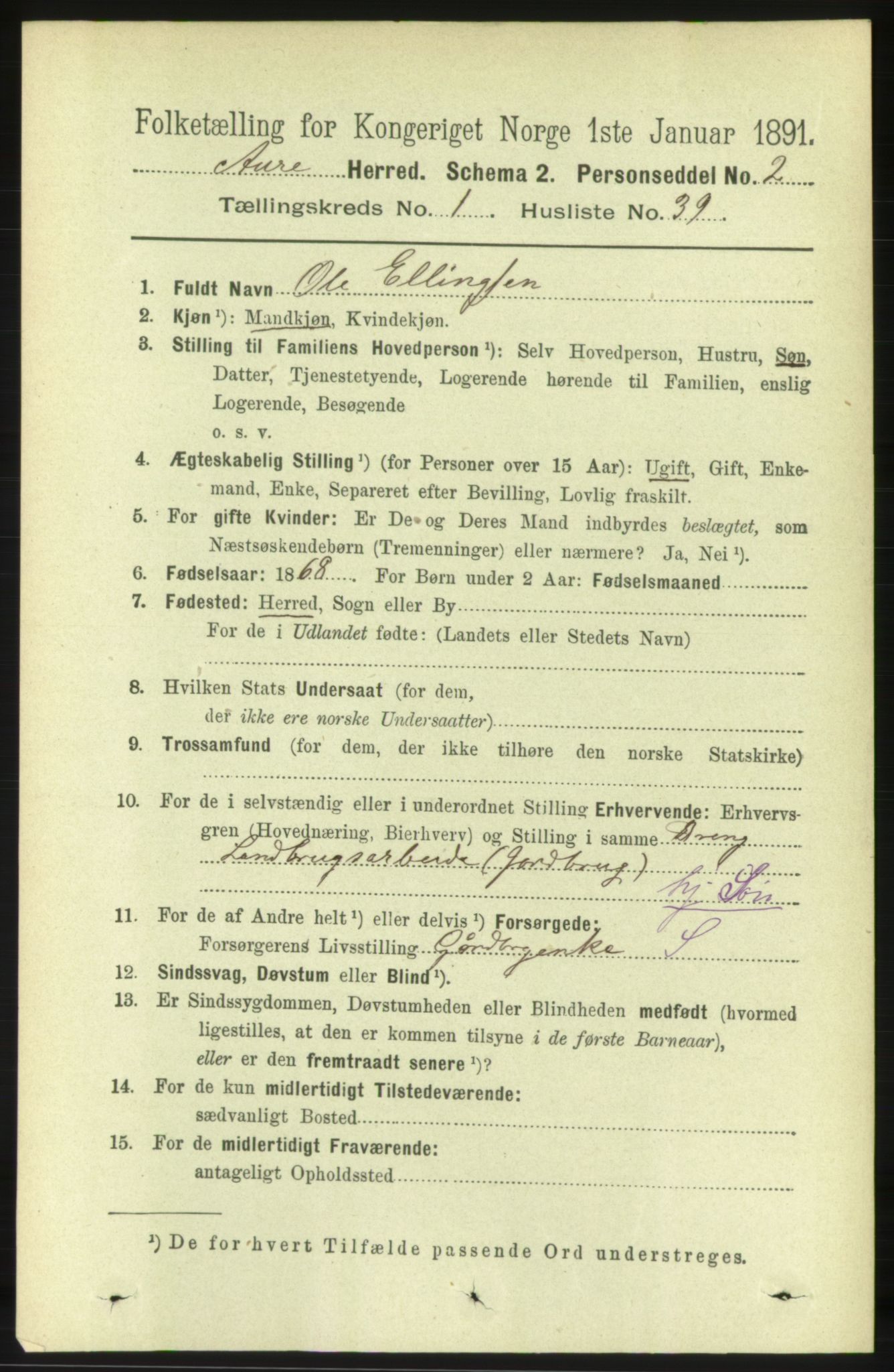 RA, 1891 census for 1569 Aure, 1891, p. 380