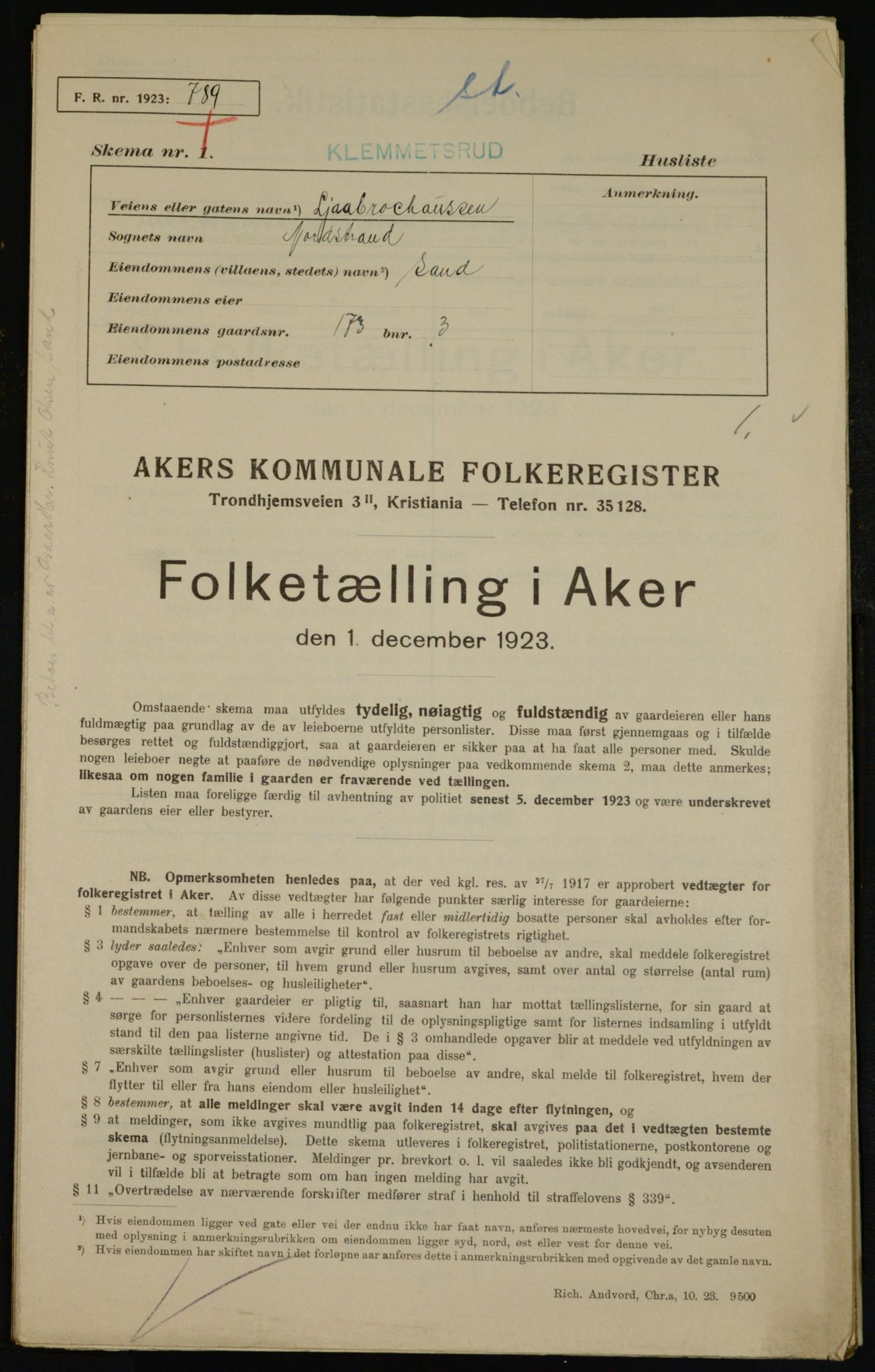 , Municipal Census 1923 for Aker, 1923, p. 41506