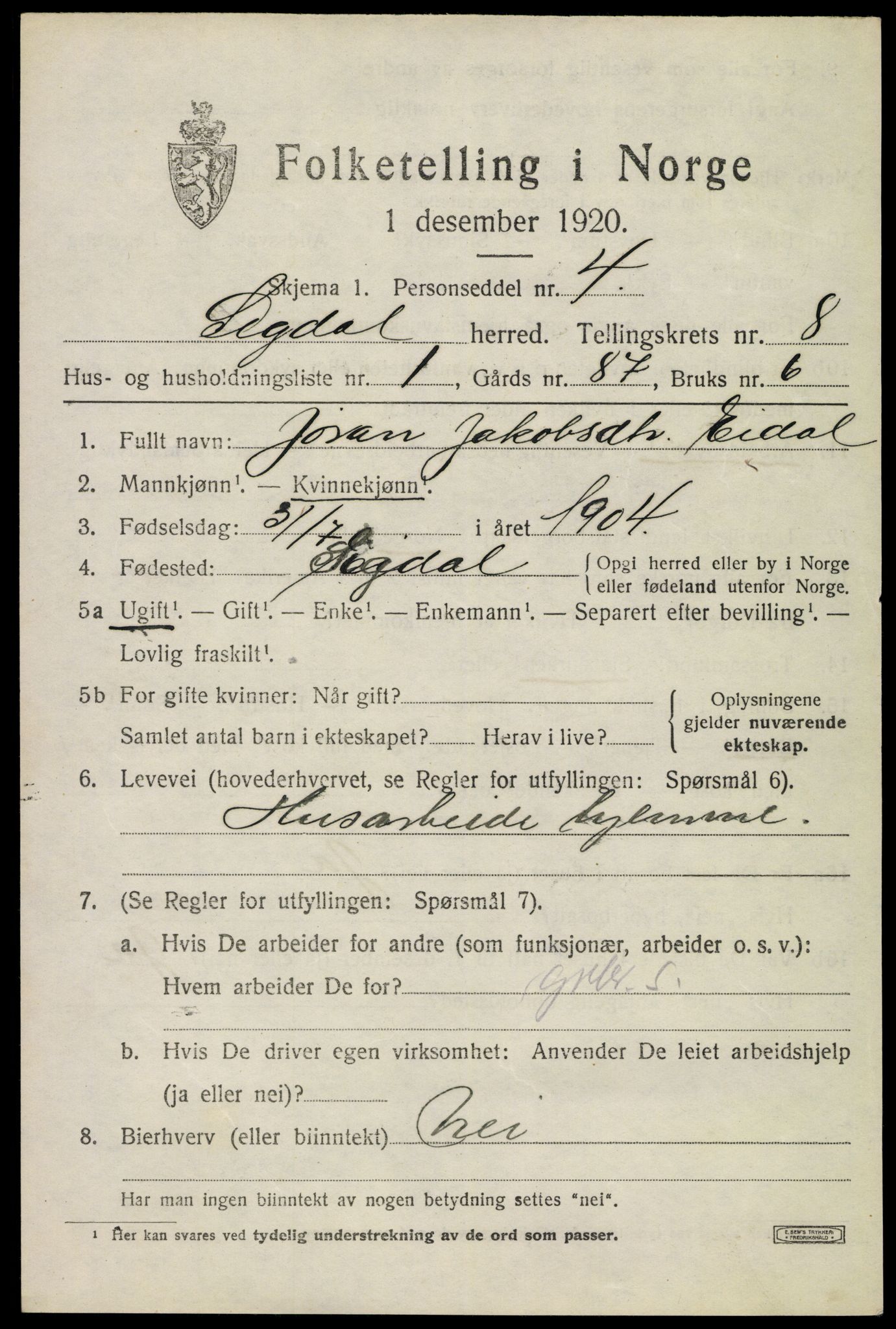 SAKO, 1920 census for Sigdal, 1920, p. 6002