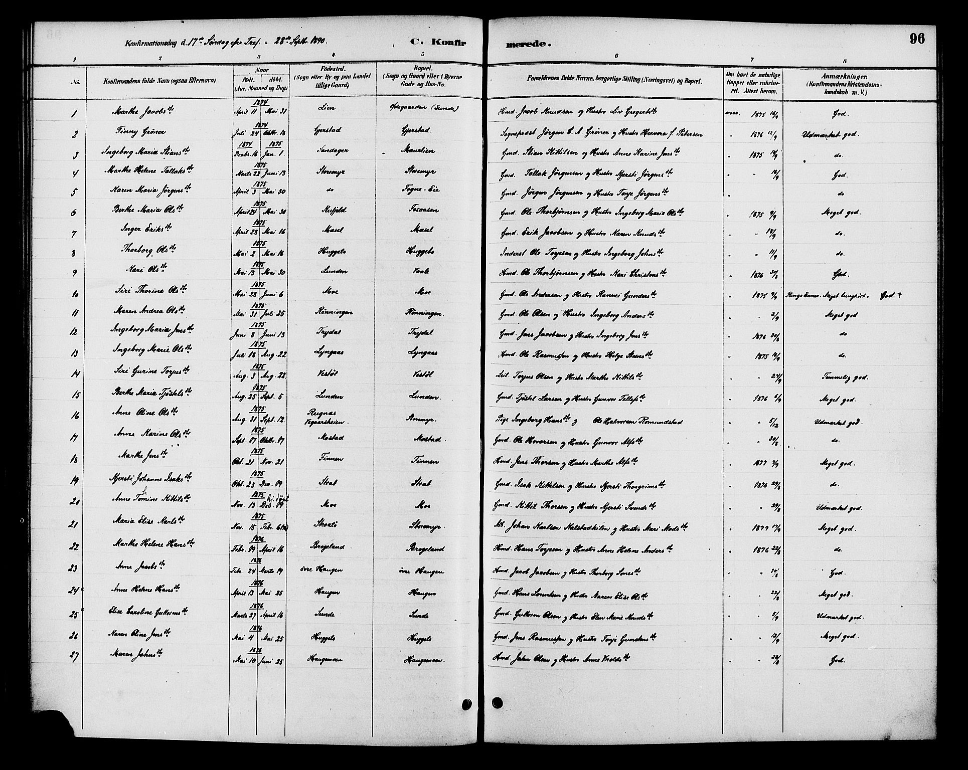 Gjerstad sokneprestkontor, AV/SAK-1111-0014/F/Fa/Faa/L0009: Parish register (official) no. A 9, 1885-1890, p. 96