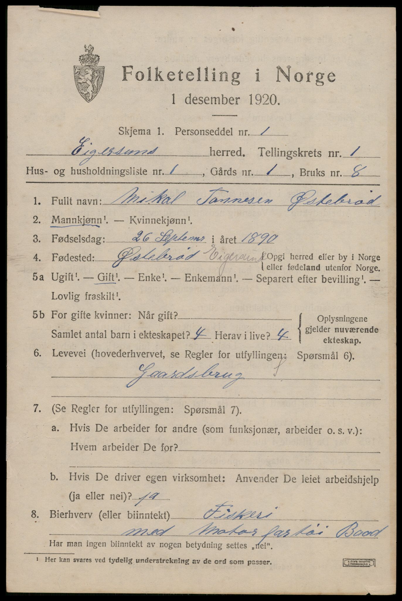 SAST, 1920 census for Eigersund, 1920, p. 1161