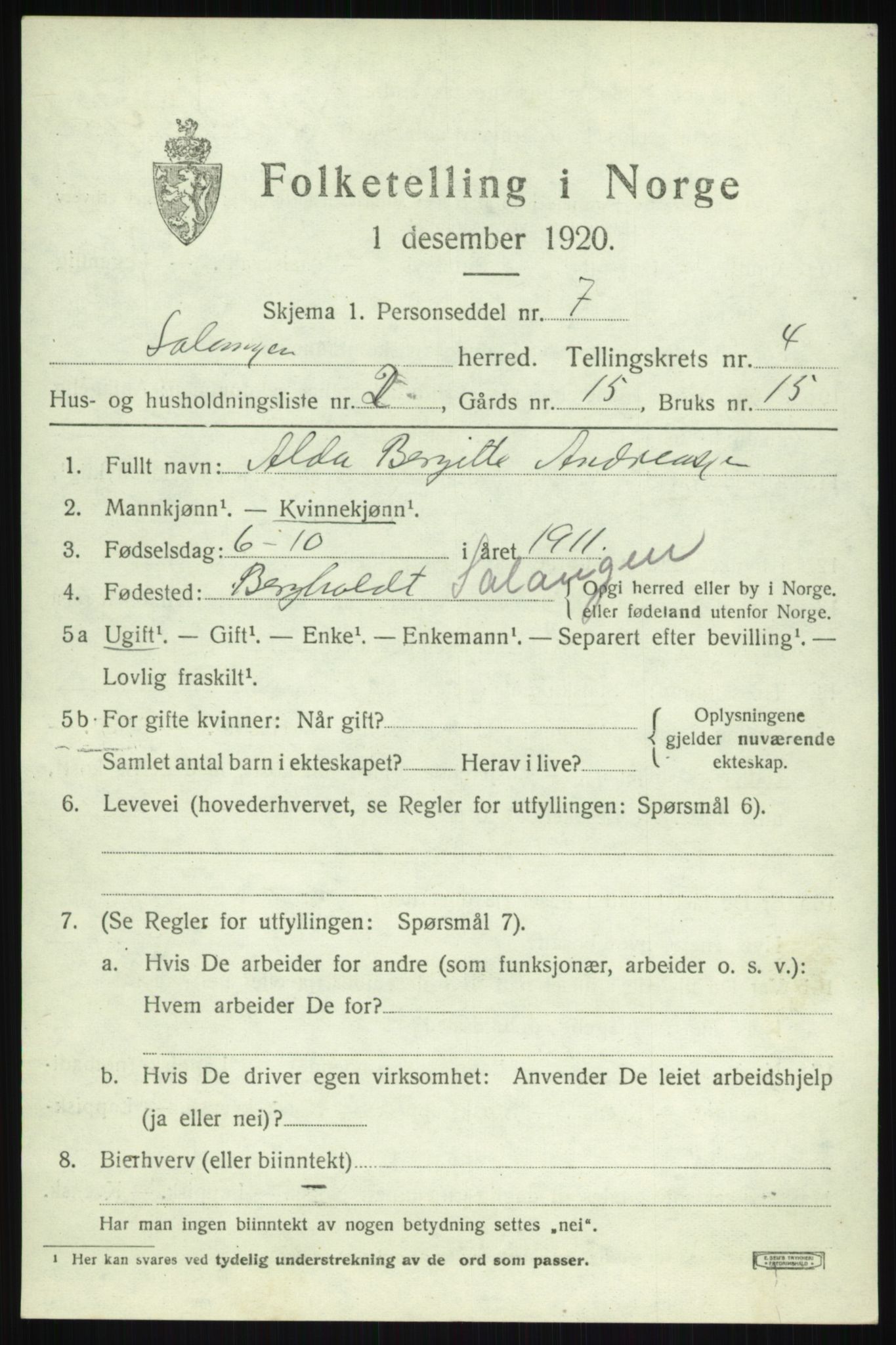 SATØ, 1920 census for Salangen, 1920, p. 2298