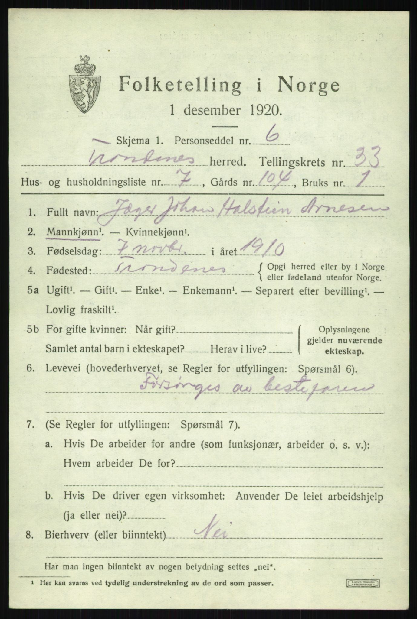 SATØ, 1920 census for Trondenes, 1920, p. 22461