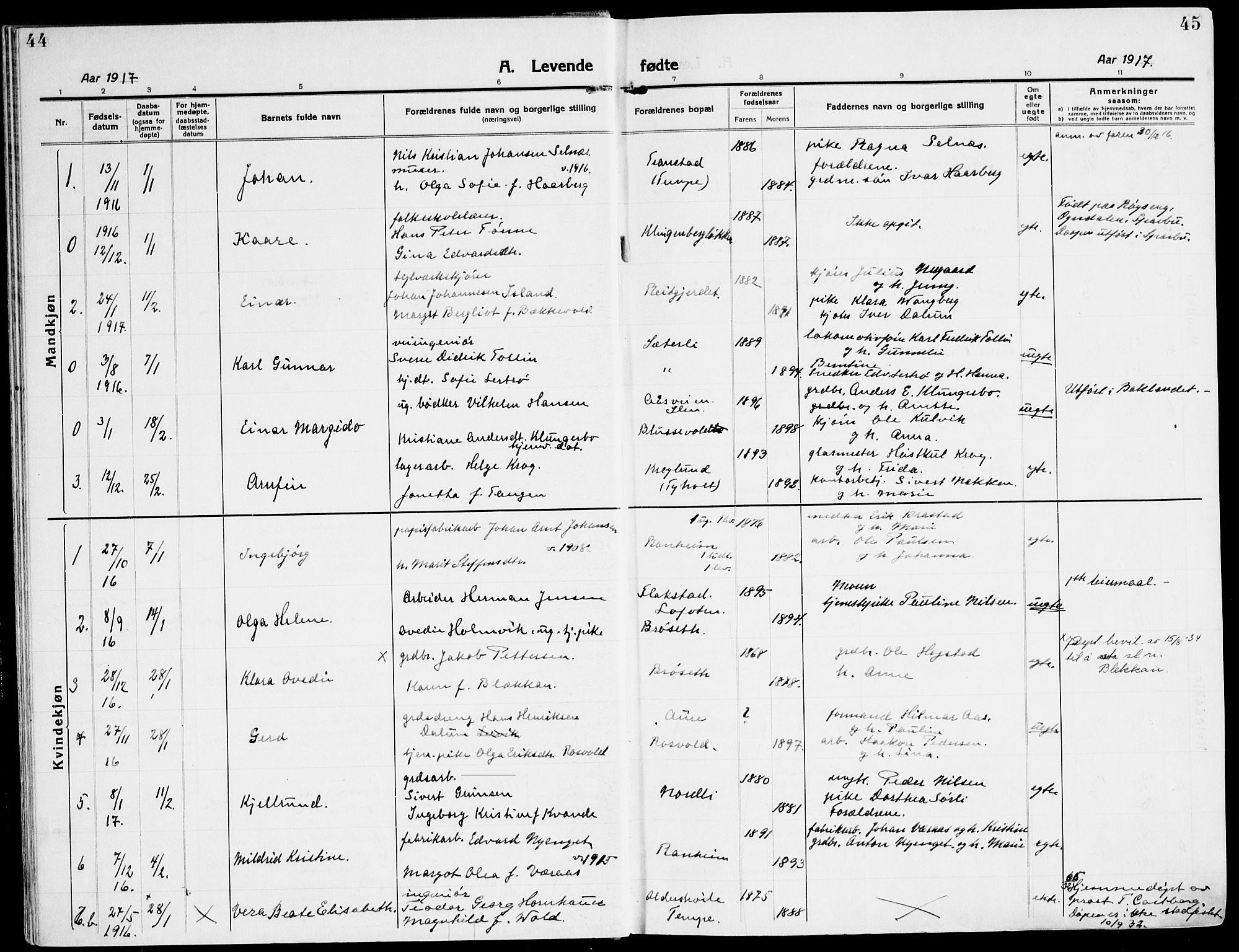 Ministerialprotokoller, klokkerbøker og fødselsregistre - Sør-Trøndelag, SAT/A-1456/607/L0321: Parish register (official) no. 607A05, 1916-1935, p. 44-45