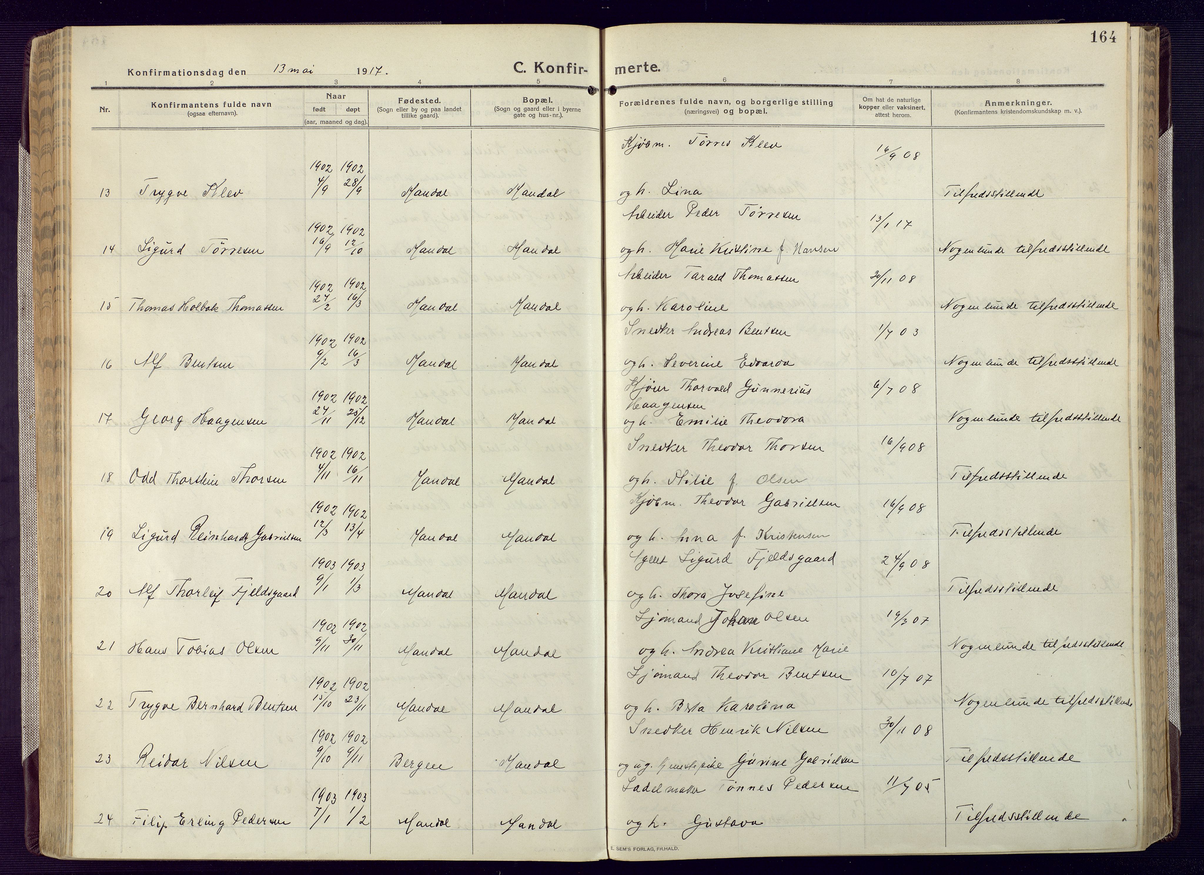 Mandal sokneprestkontor, AV/SAK-1111-0030/F/Fa/Fac/L0001: Parish register (official) no. A 1, 1913-1925, p. 164