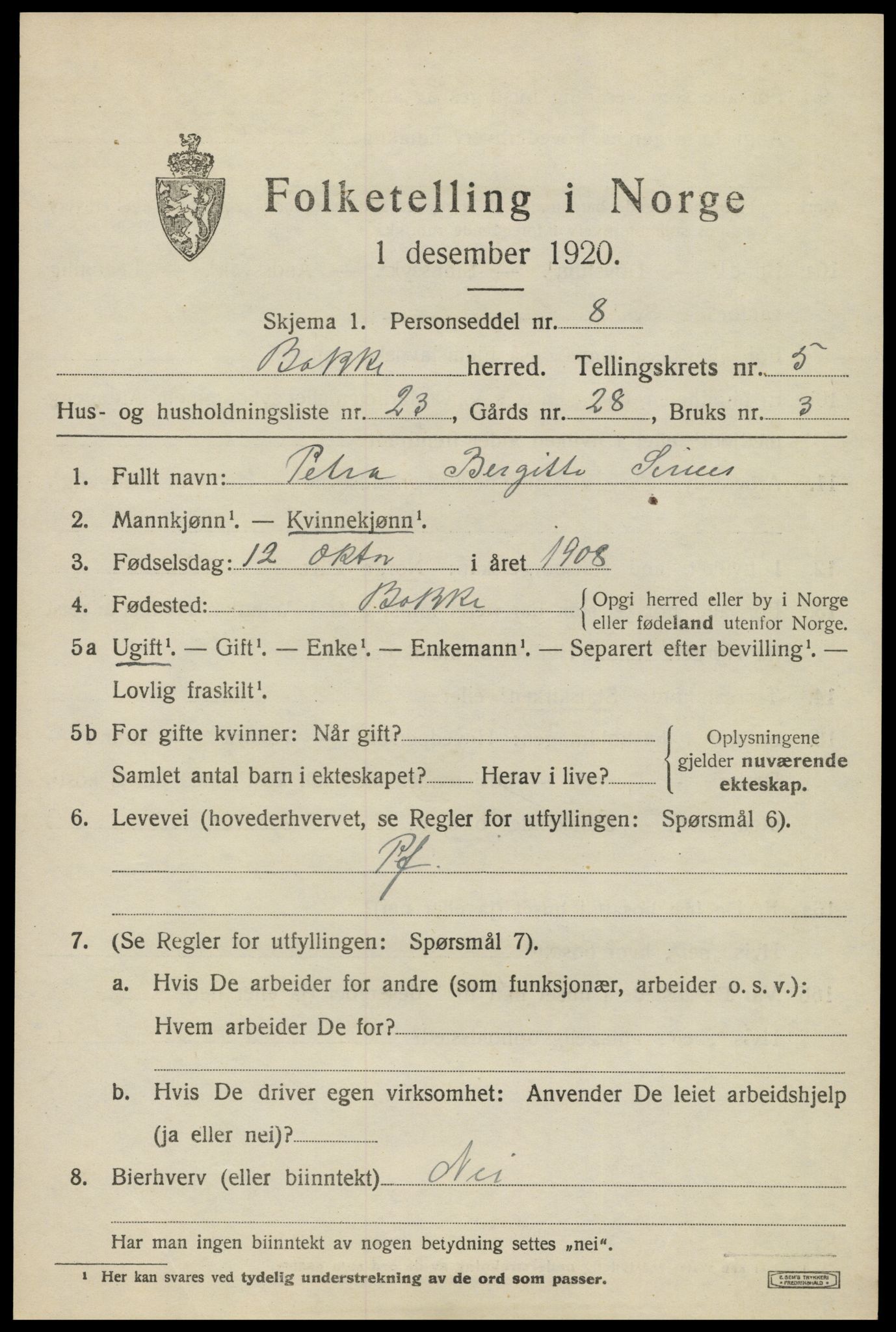 SAK, 1920 census for Bakke, 1920, p. 1686