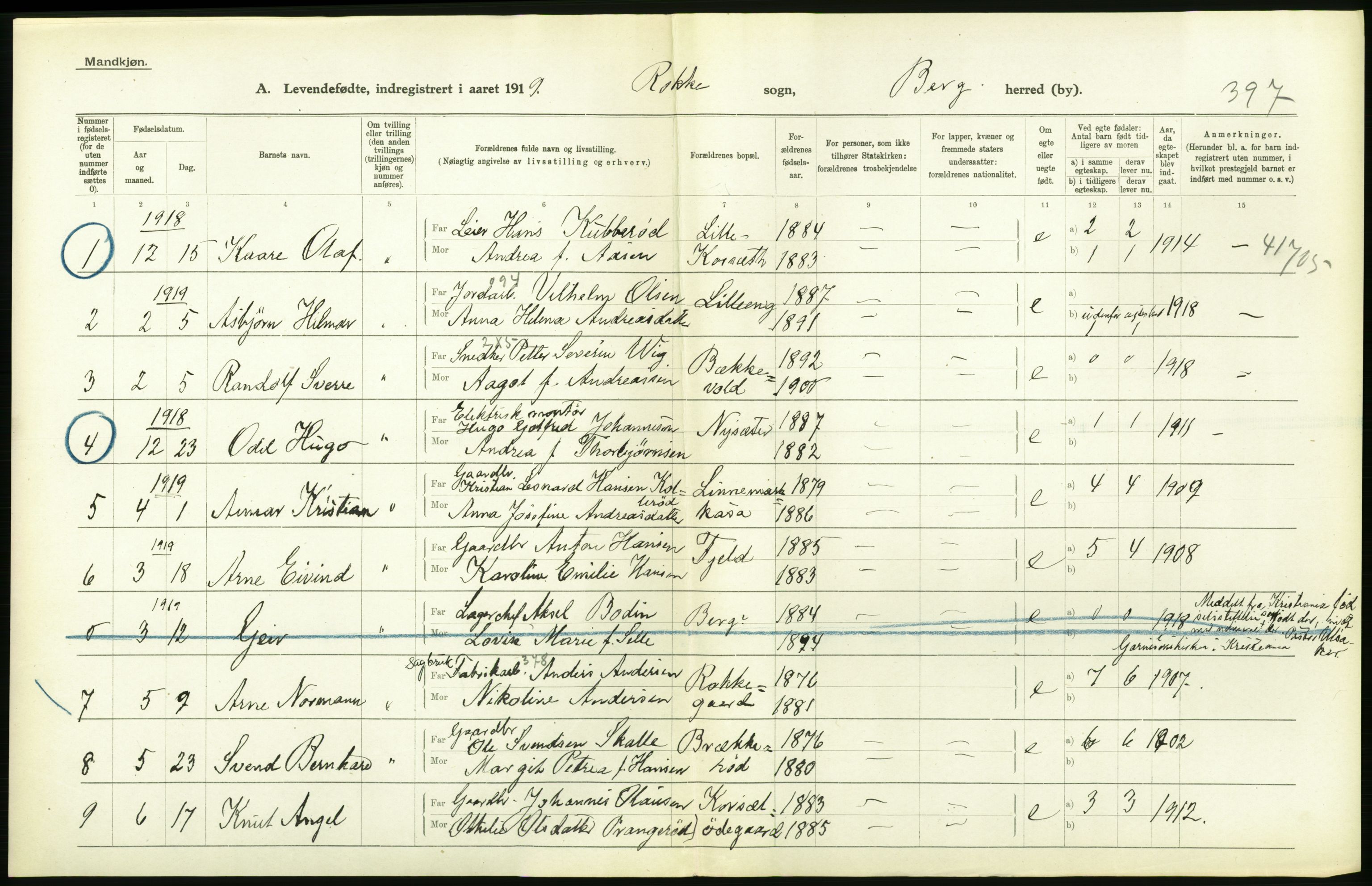 Statistisk sentralbyrå, Sosiodemografiske emner, Befolkning, RA/S-2228/D/Df/Dfb/Dfbi/L0001: Østfold fylke: Levendefødte menn og kvinner. Bygder., 1919, p. 498