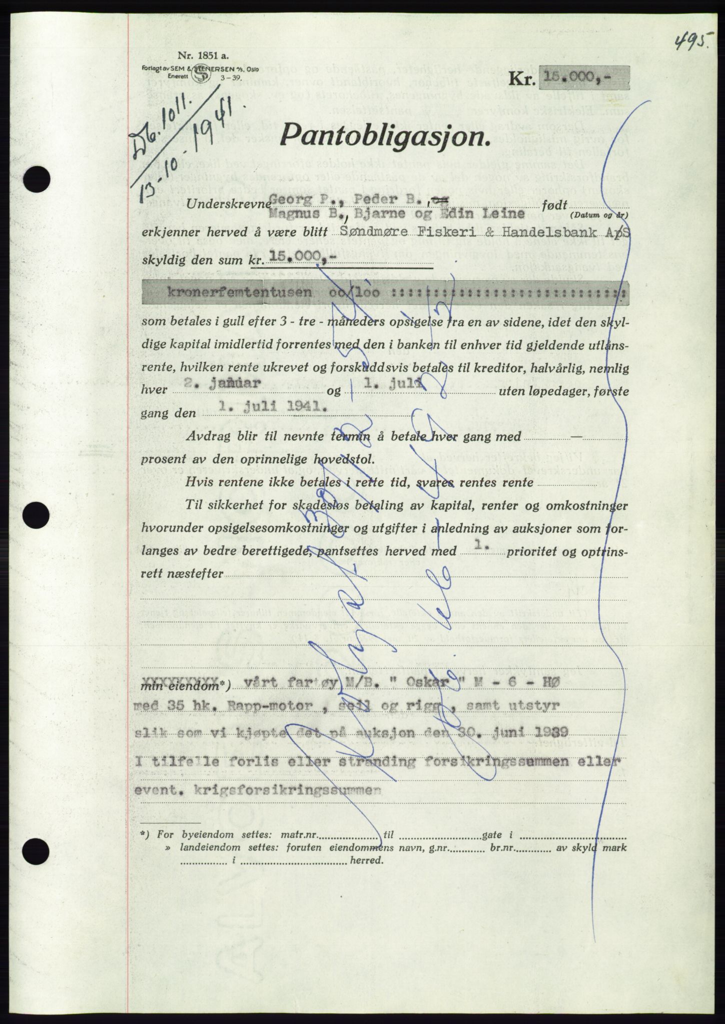 Søre Sunnmøre sorenskriveri, AV/SAT-A-4122/1/2/2C/L0071: Mortgage book no. 65, 1941-1941, Diary no: : 1011/1941