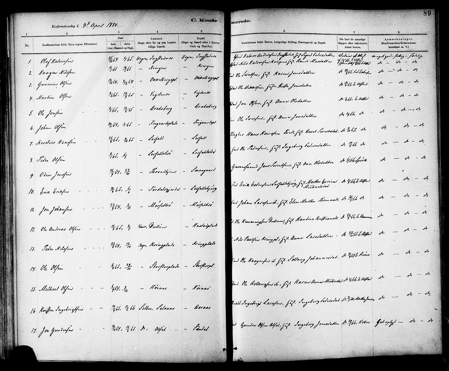 Ministerialprotokoller, klokkerbøker og fødselsregistre - Nord-Trøndelag, SAT/A-1458/703/L0030: Parish register (official) no. 703A03, 1880-1892, p. 89