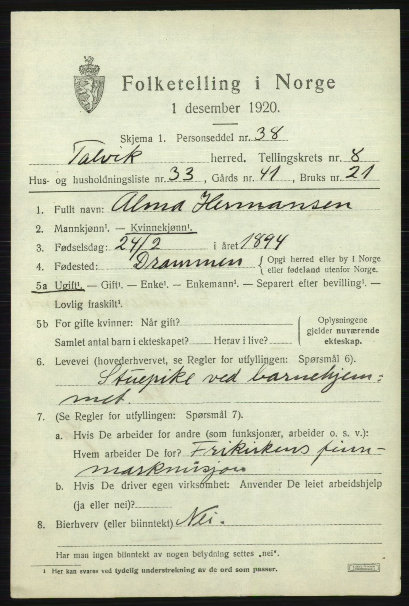SATØ, 1920 census for Talvik, 1920, p. 5408