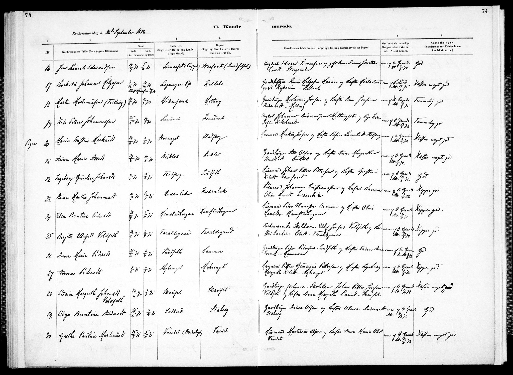 Ministerialprotokoller, klokkerbøker og fødselsregistre - Nord-Trøndelag, AV/SAT-A-1458/733/L0325: Parish register (official) no. 733A04, 1884-1908, p. 74