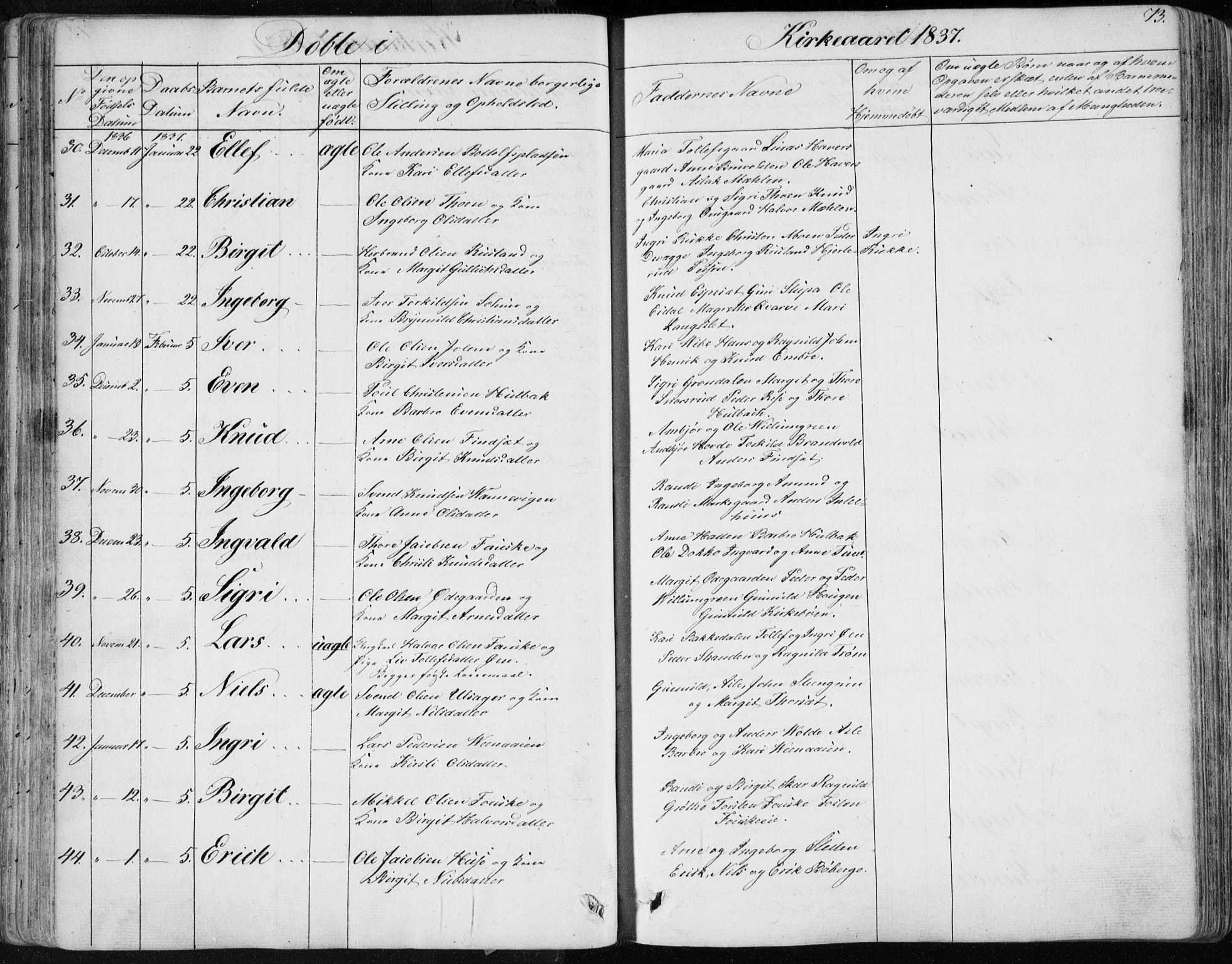 Nes kirkebøker, AV/SAKO-A-236/F/Fa/L0009: Parish register (official) no. 9, 1834-1863, p. 73