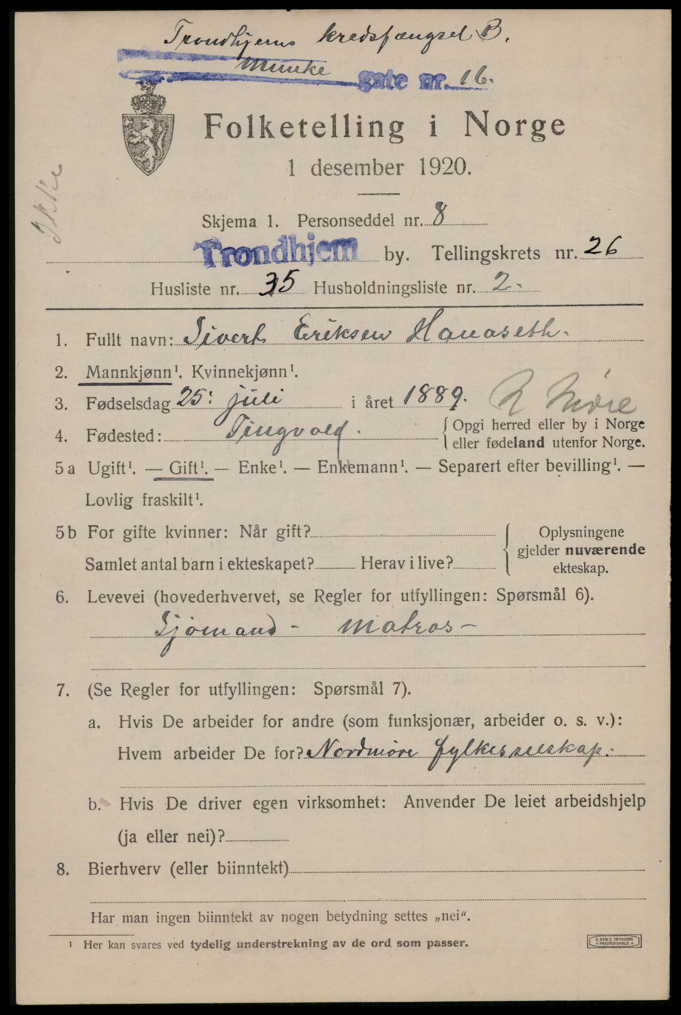 SAT, 1920 census for Trondheim, 1920, p. 69186