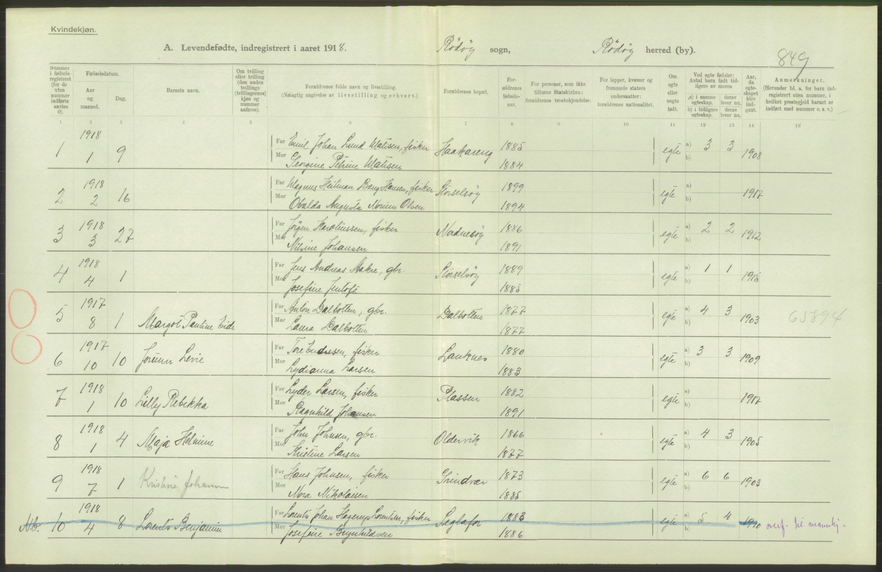 Statistisk sentralbyrå, Sosiodemografiske emner, Befolkning, RA/S-2228/D/Df/Dfb/Dfbh/L0052: Nordland fylke: Levendefødte menn og kvinner. Bygder., 1918, p. 148