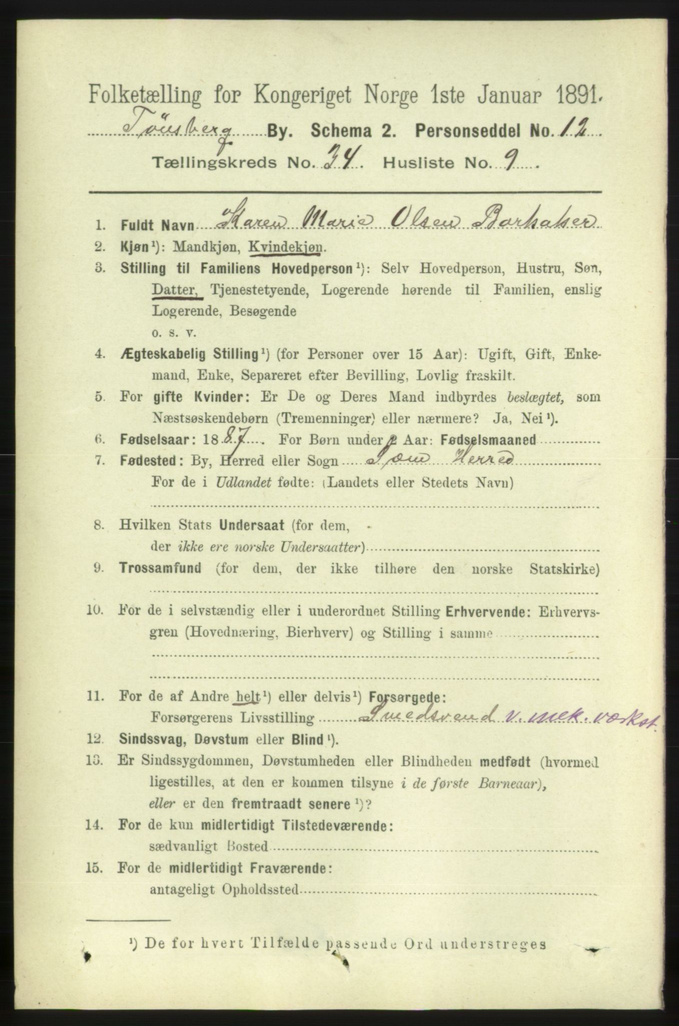 RA, 1891 census for 0705 Tønsberg, 1891, p. 7768