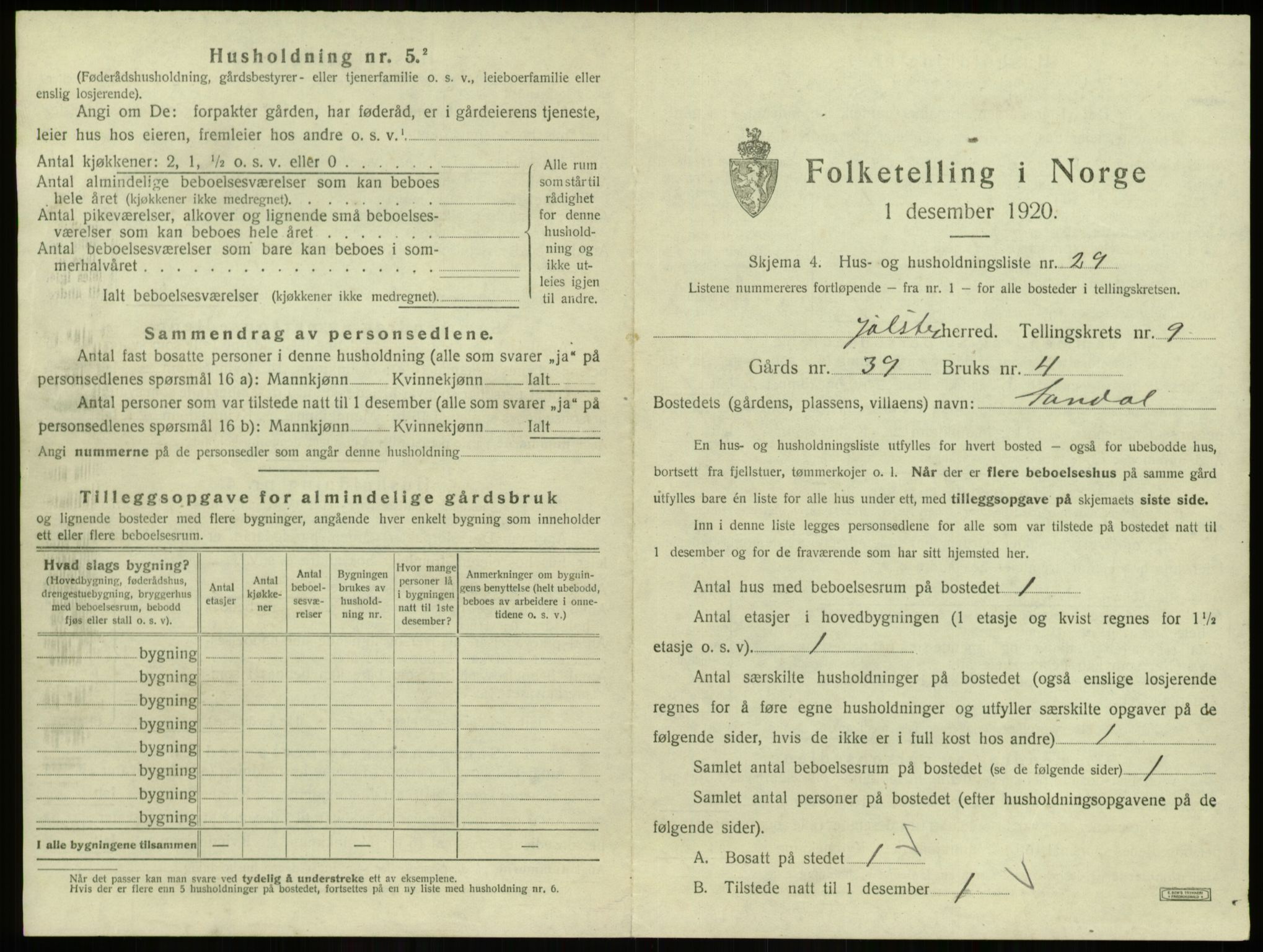 SAB, 1920 census for Jølster, 1920, p. 605