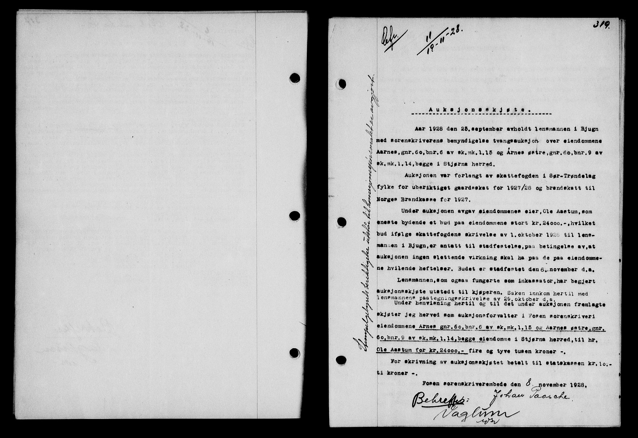 Fosen sorenskriveri, AV/SAT-A-1107/1/2/2C/L0067: Mortgage book no. 58, 1928-1929, p. 319, Deed date: 19.11.1928