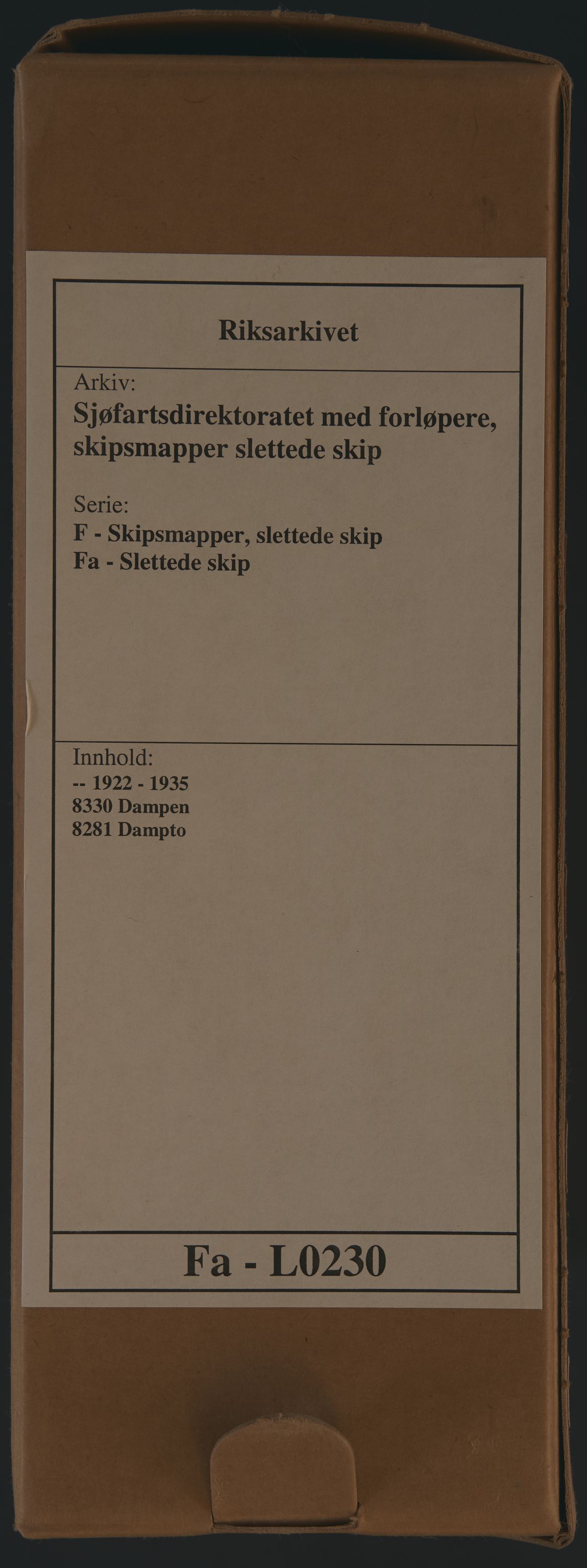 Sjøfartsdirektoratet med forløpere, skipsmapper slettede skip, RA/S-4998/F/Fa/L0230: --, 1922-1935, p. 1