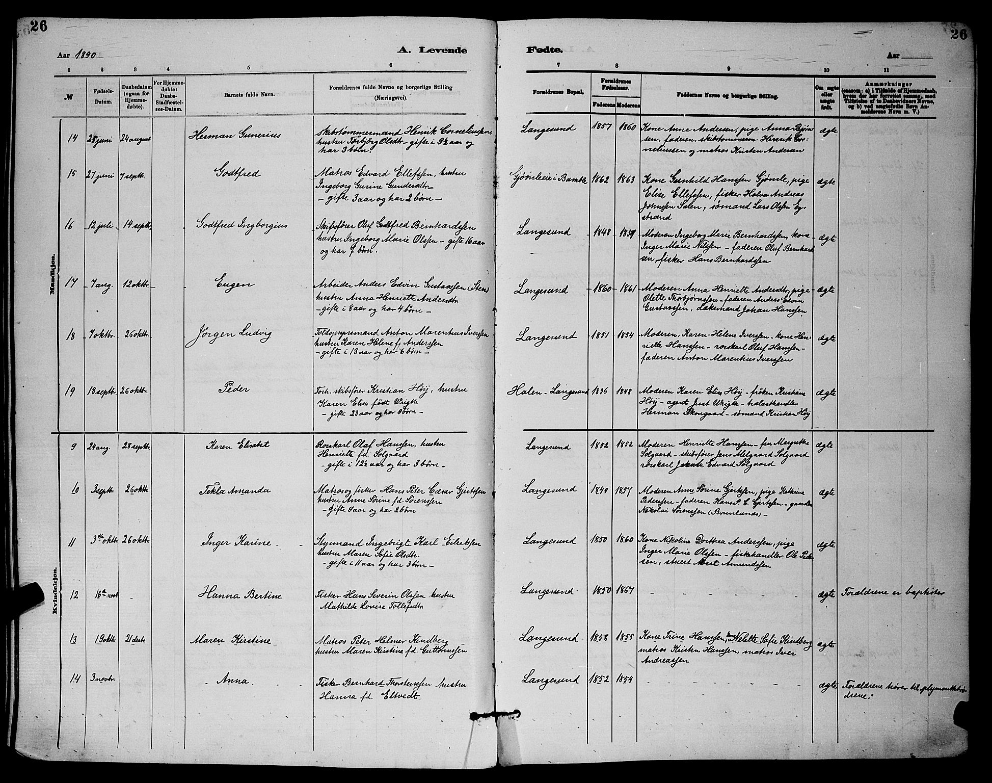 Langesund kirkebøker, SAKO/A-280/G/Ga/L0005: Parish register (copy) no. 5, 1884-1898, p. 26