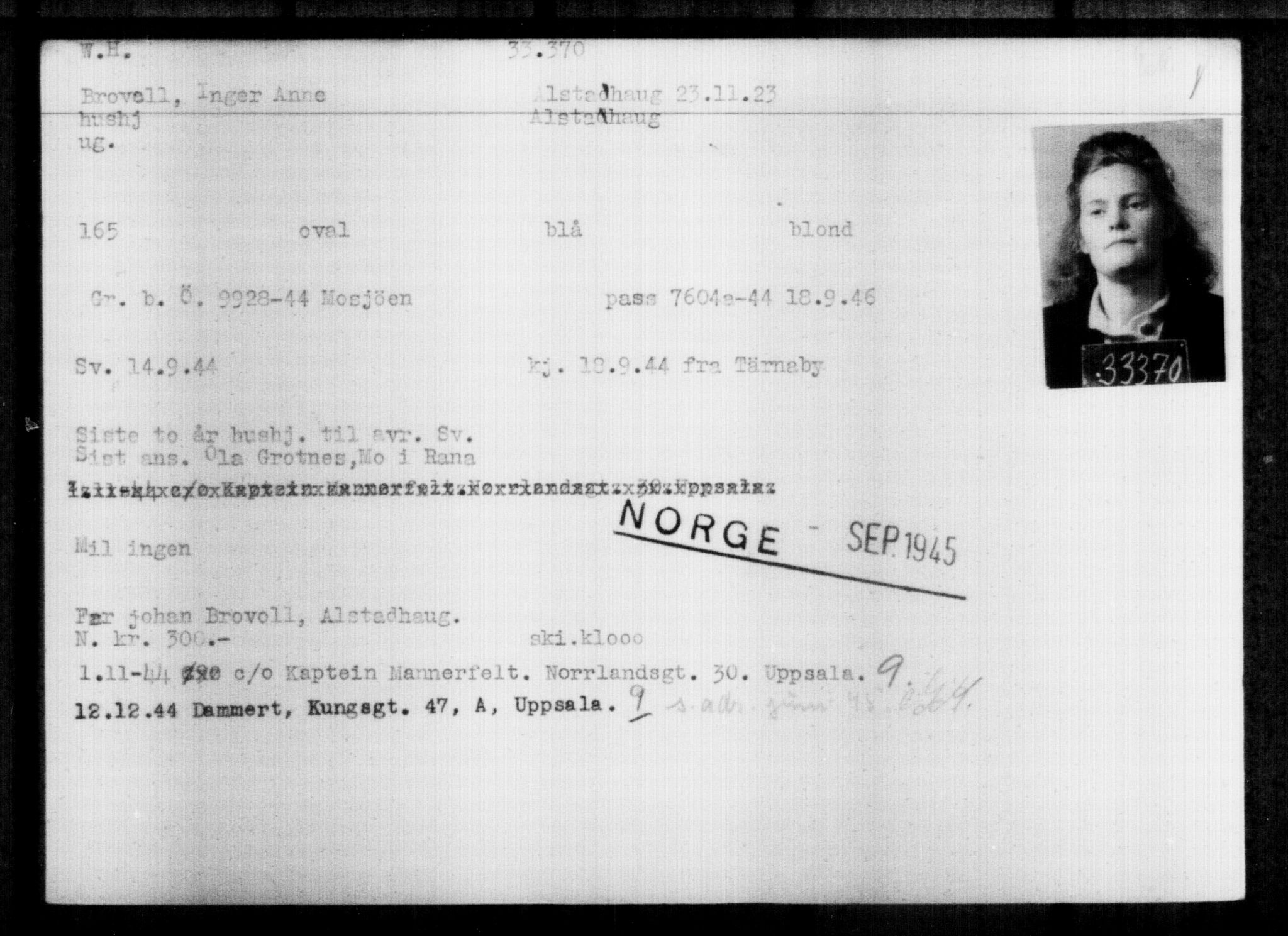 Utenriksstasjonene, Legasjonen i Stockholm, Flyktningkontoret, AV/RA-S-6753/V/Va/L0013: Kjesäterkartoteket, flyktninger med registreringsnr. 31500-34731, 1940-1945, p. 1966