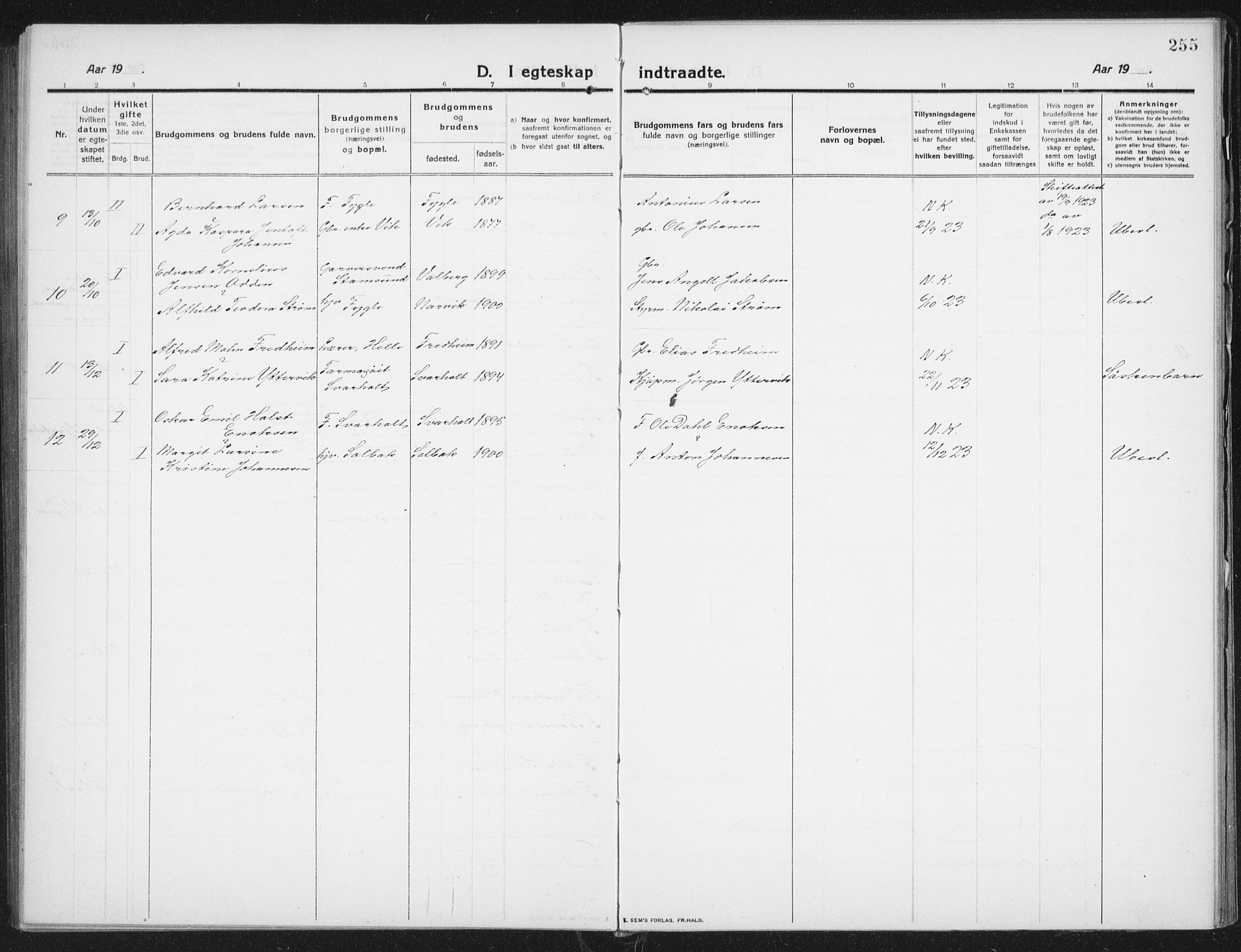 Ministerialprotokoller, klokkerbøker og fødselsregistre - Nordland, SAT/A-1459/882/L1183: Parish register (copy) no. 882C01, 1911-1938, p. 255