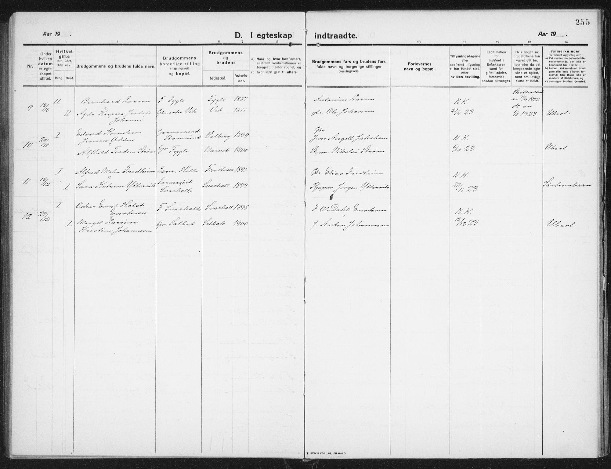 Ministerialprotokoller, klokkerbøker og fødselsregistre - Nordland, AV/SAT-A-1459/882/L1183: Parish register (copy) no. 882C01, 1911-1938, p. 255