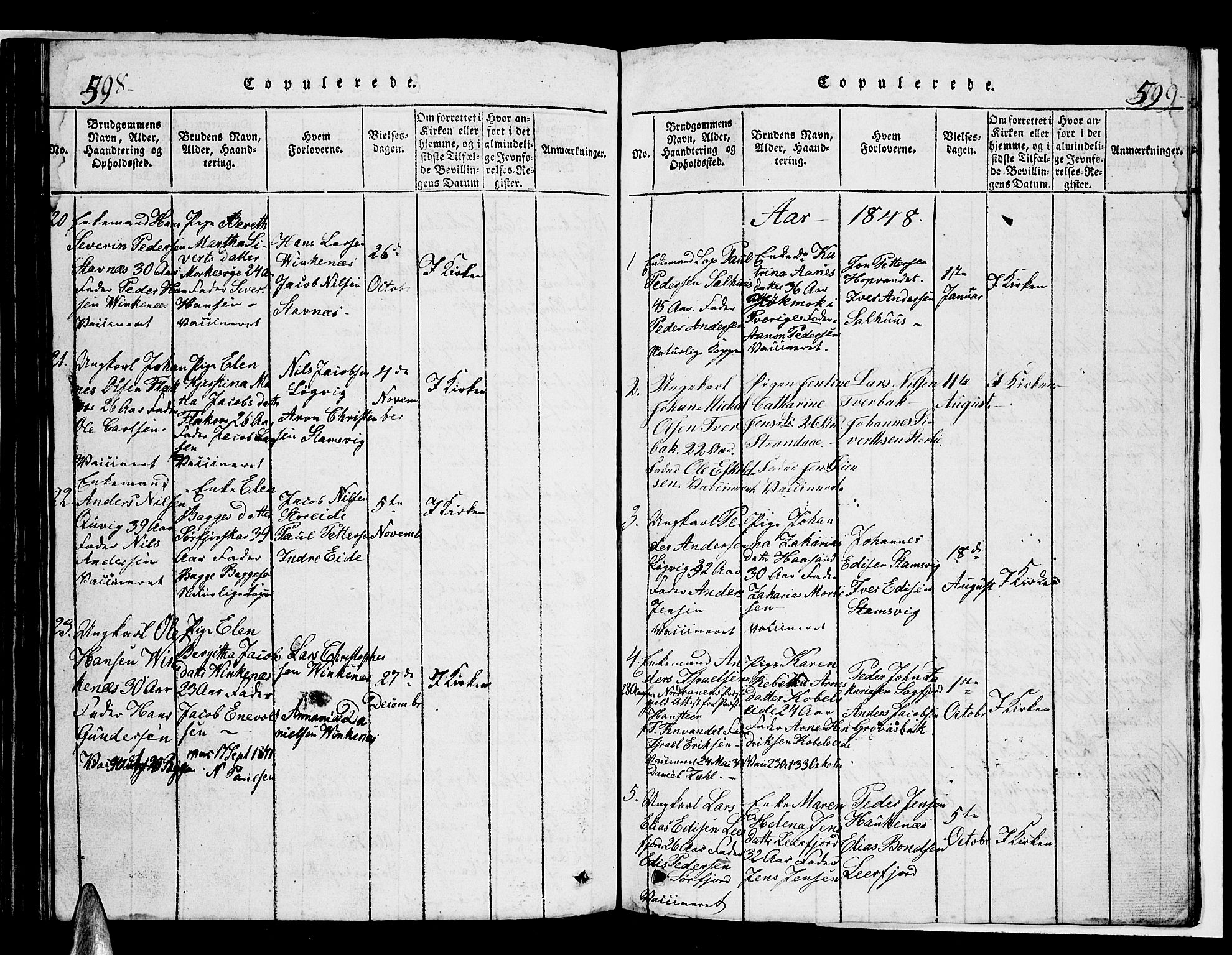 Ministerialprotokoller, klokkerbøker og fødselsregistre - Nordland, AV/SAT-A-1459/853/L0773: Parish register (copy) no. 853C01, 1821-1859, p. 598-599